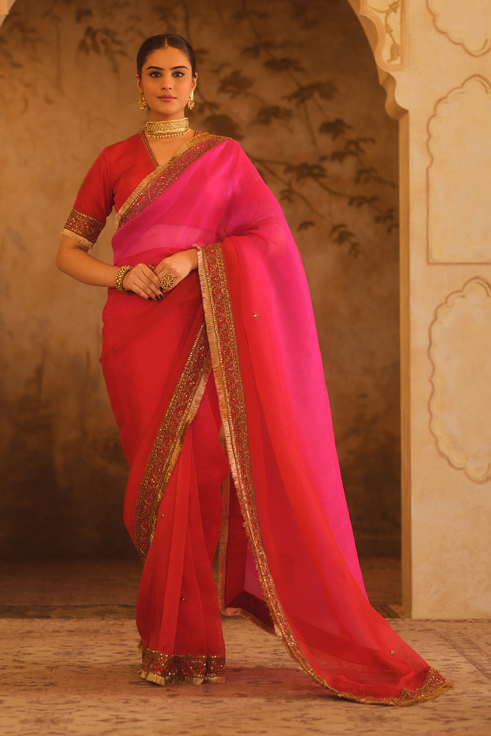 Hooe-E-Mahal Red & Pink Ombre Organza Saree