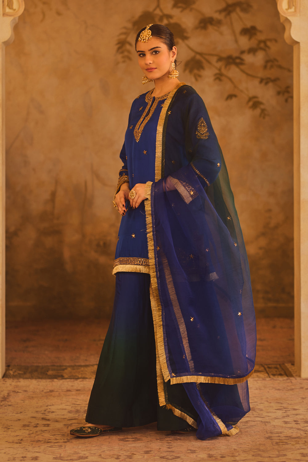 Hoor-E-Mahal Blue & Green Ombre Kurta Sharara Set
