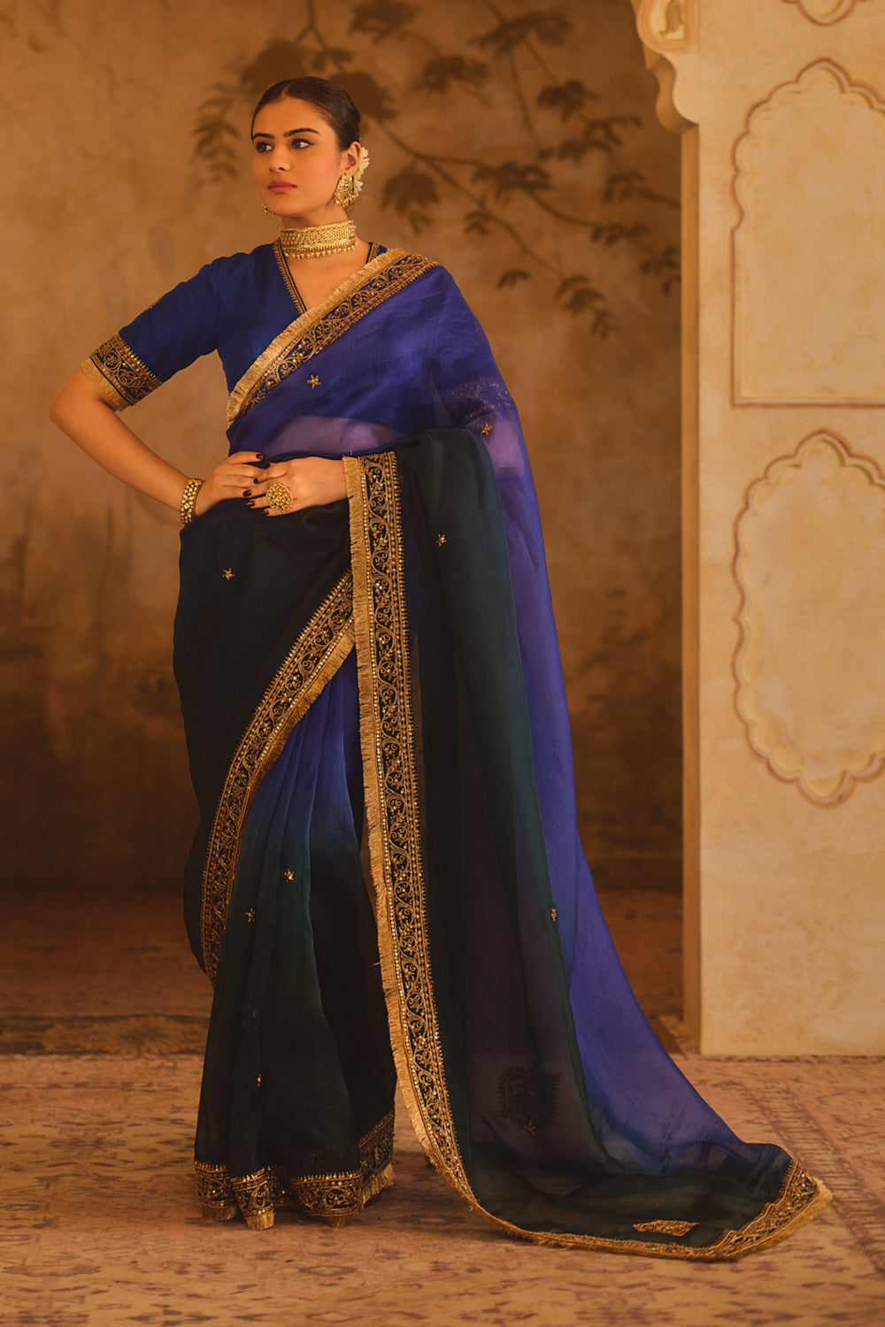 Hoor-E-Mahal Blue & Green Ombre Organza Saree