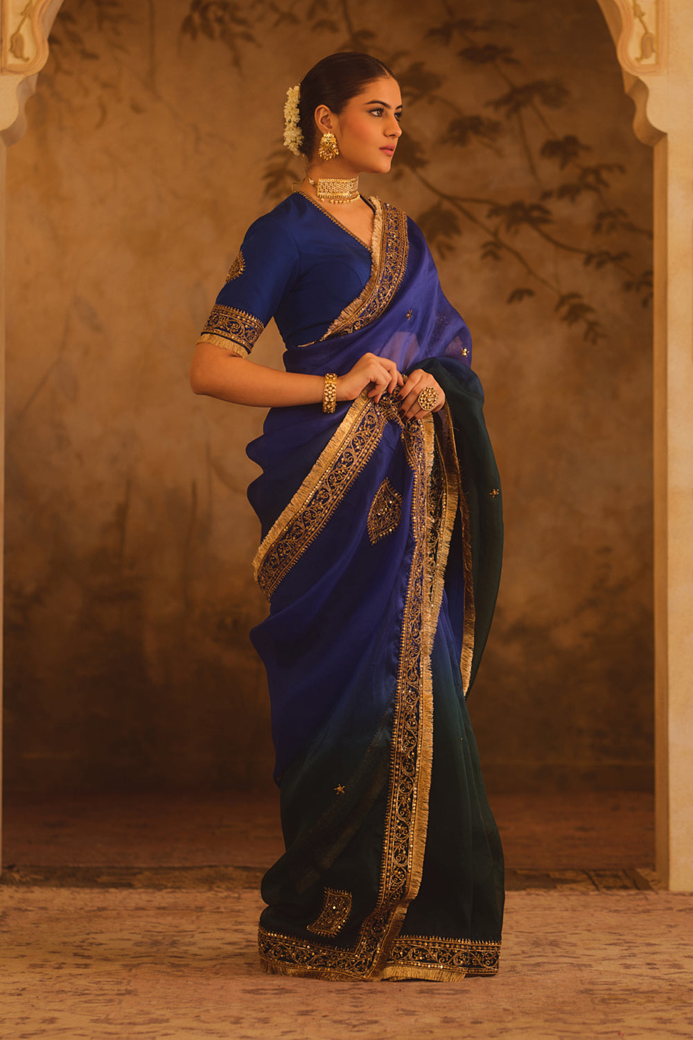 Hoor-E-Mahal Blue & Green Ombre Organza Saree