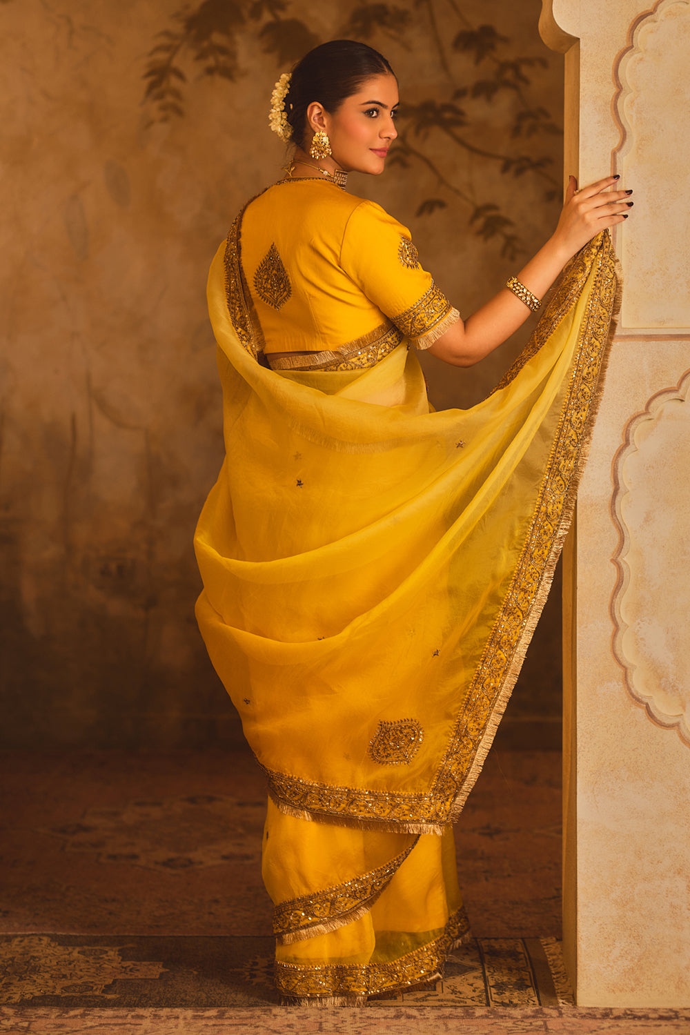 Hoor-E-Mahal Yellow Ombre Organza Saree