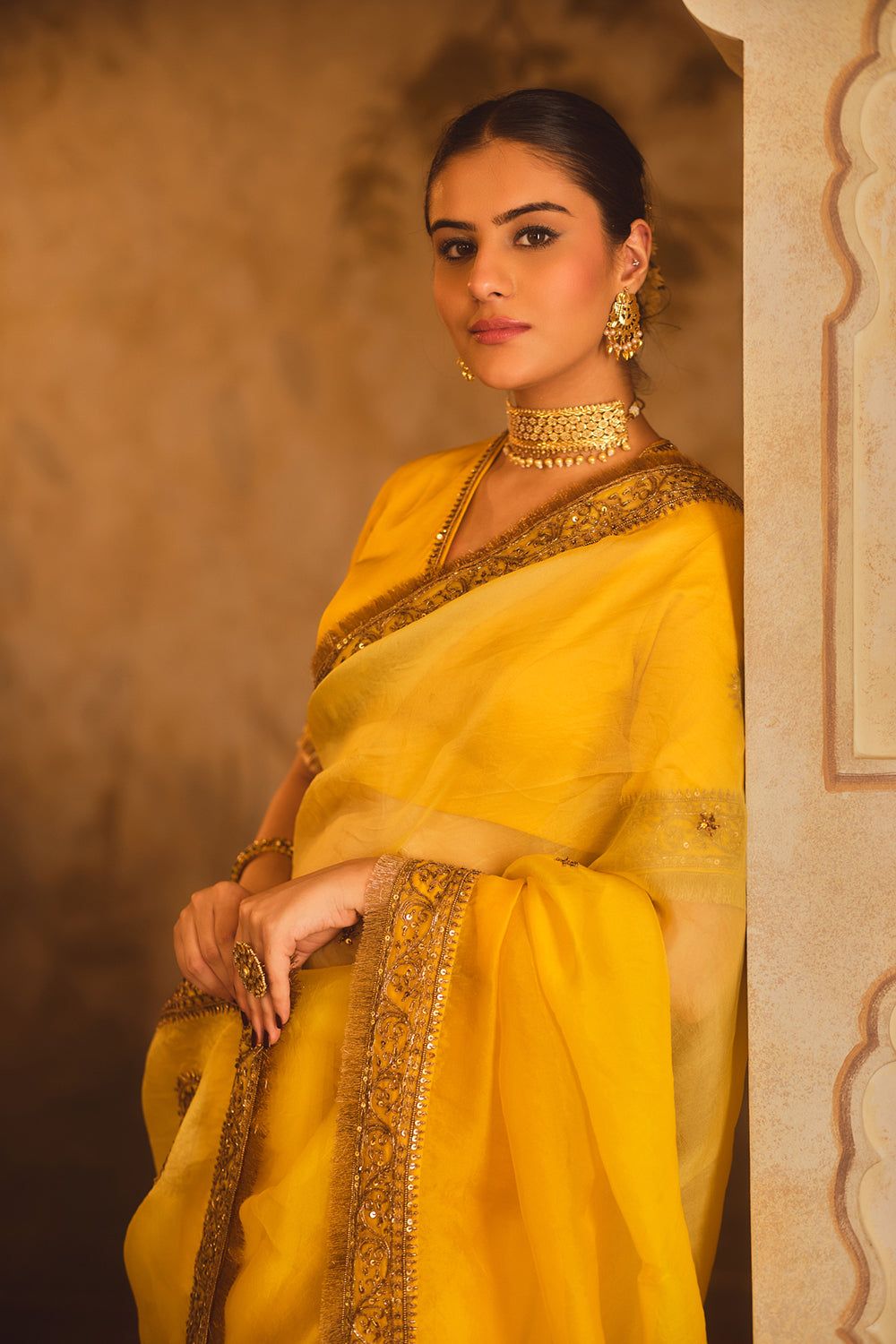 Hoor-E-Mahal Yellow Ombre Organza Saree