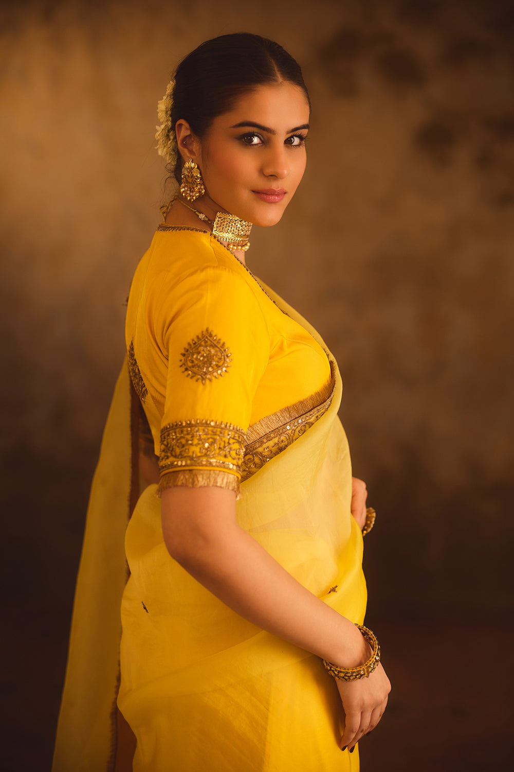 Hoor-E-Mahal Yellow Ombre Organza Saree