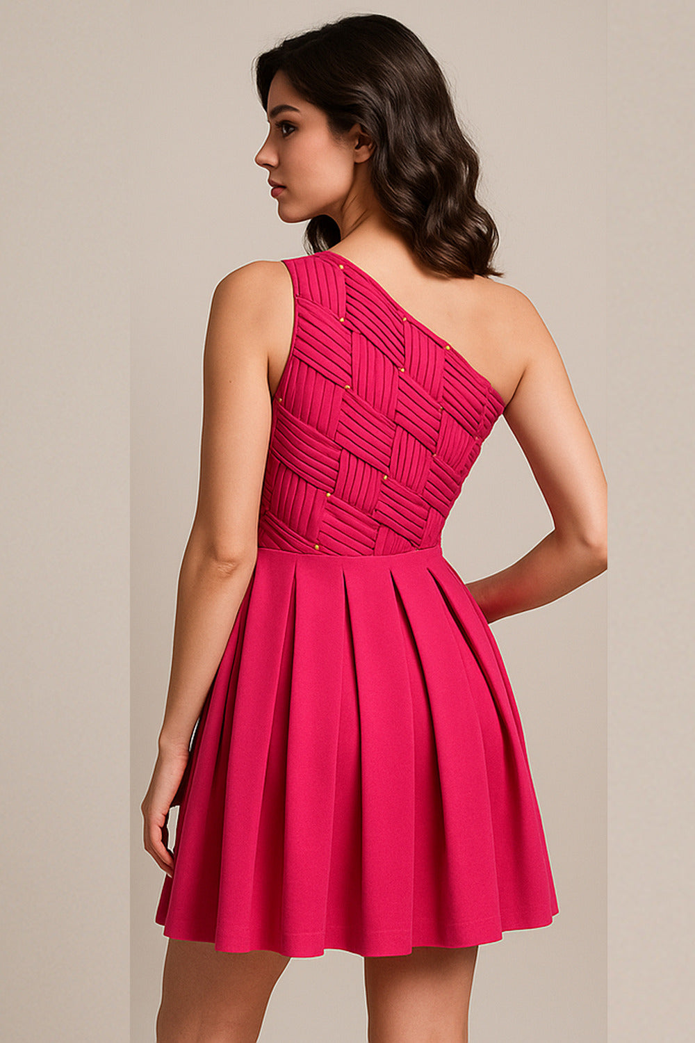 Hot pink one shoulder dress with plating and crystals detailing on bodice