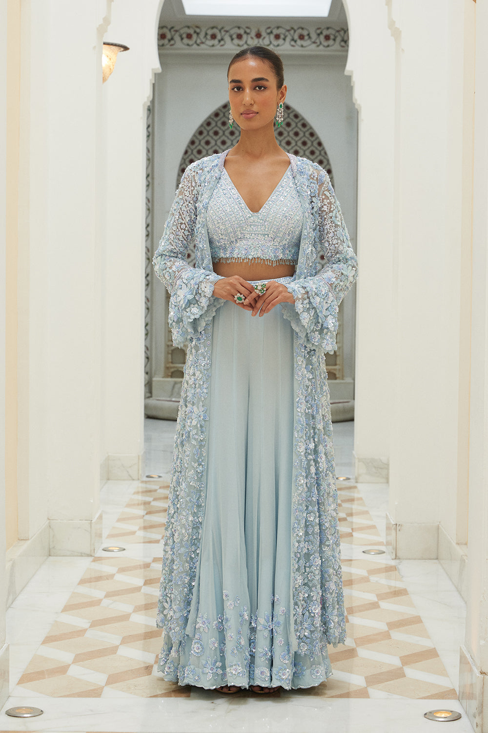 Ice Blue Bustier Sharara and Jacket Set