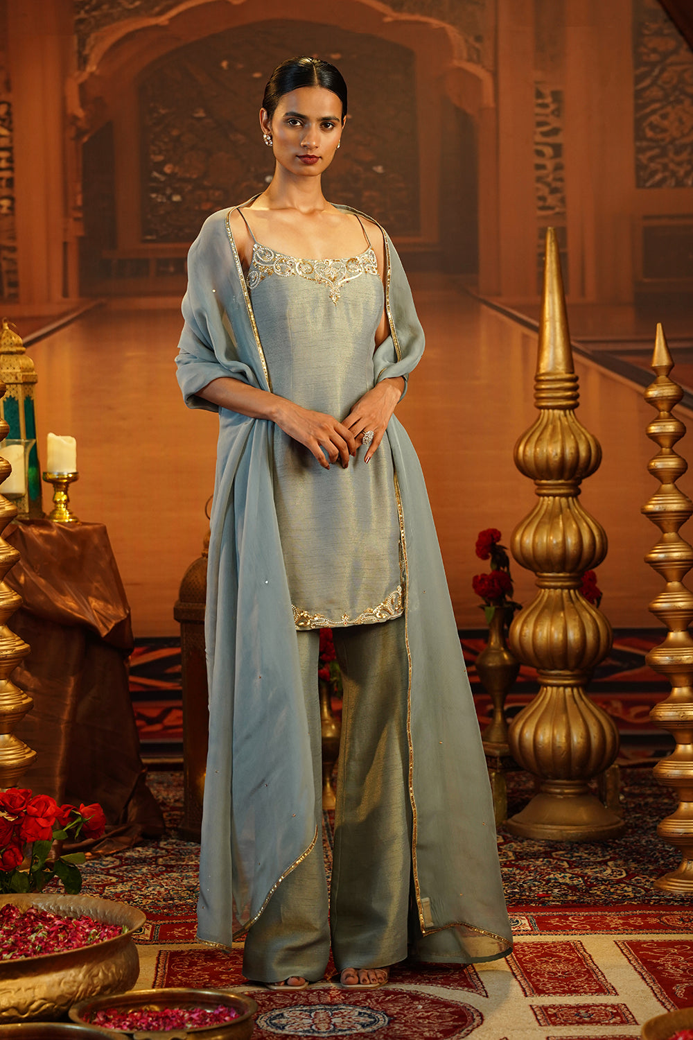 Ice Blue Kasab Silk Spaghetti Kurti Set
