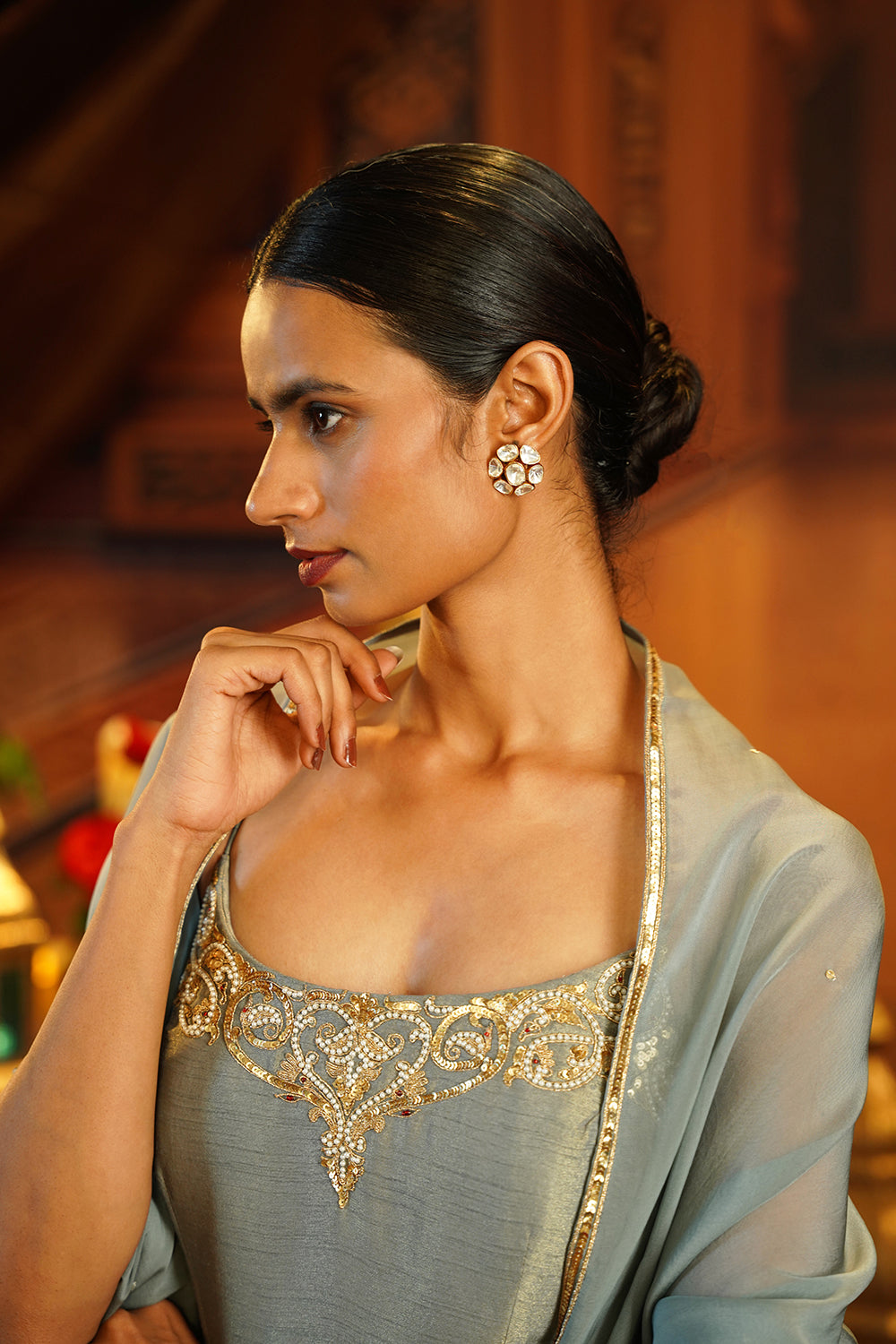 Ice Blue Kasab Silk Spaghetti Kurti Set