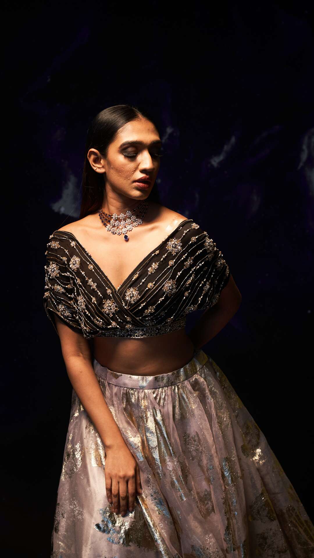 Dejouer-Plunge Neck Hand Embroidered Lilac Foil Print Lehenga Set