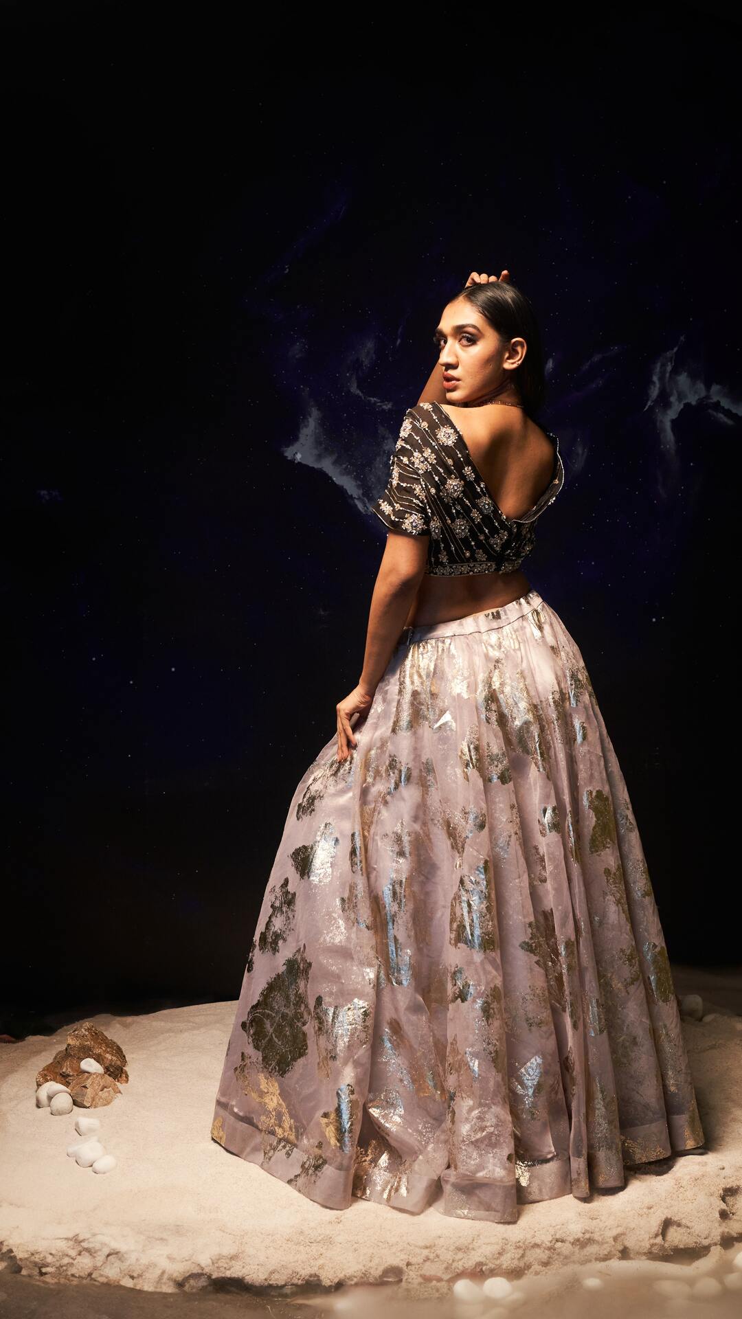 Dejouer-Plunge Neck Hand Embroidered Lilac Foil Print Lehenga Set