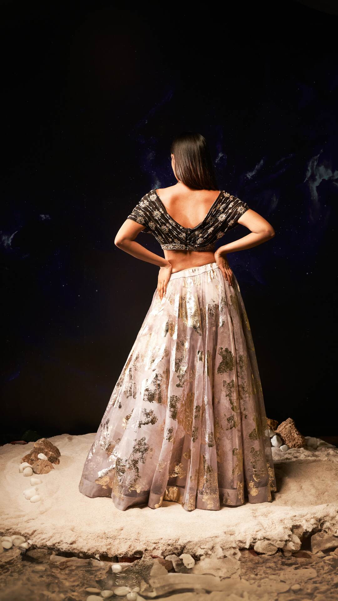 Dejouer-Plunge Neck Hand Embroidered Lilac Foil Print Lehenga Set