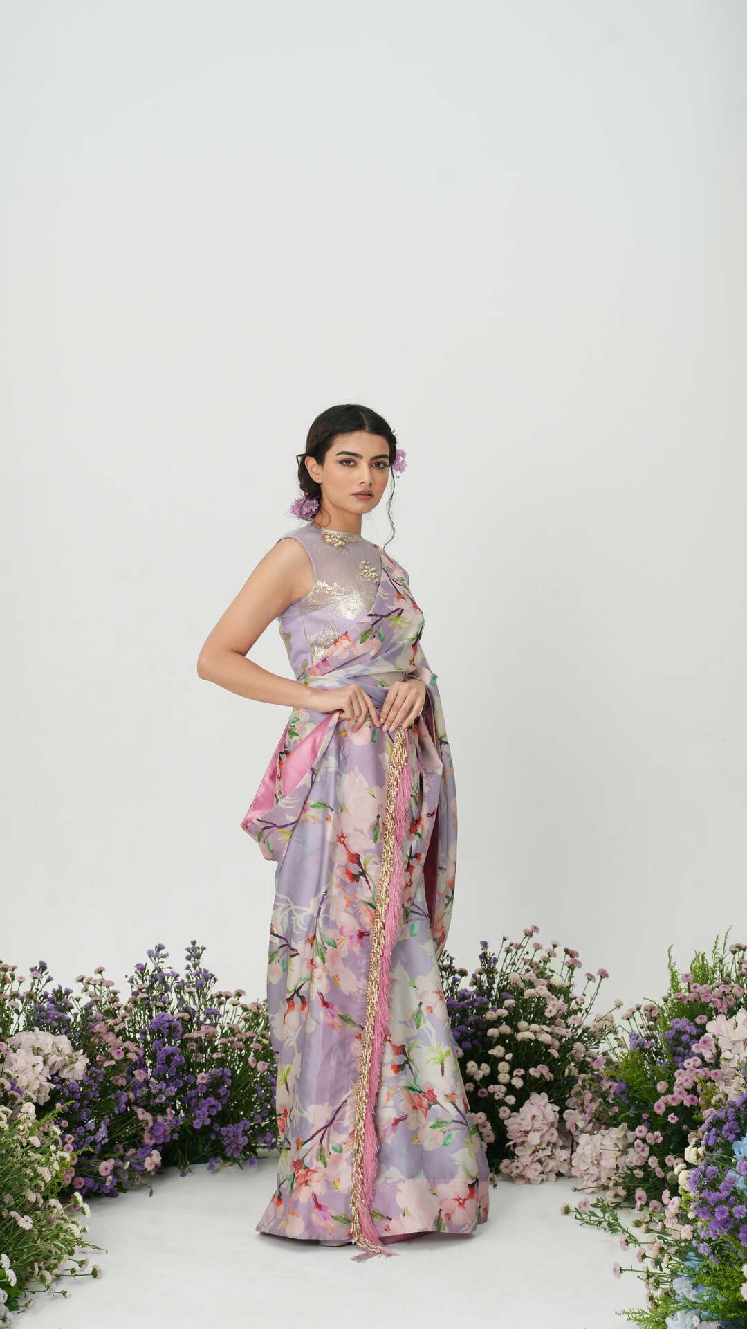 Lilium-Nakshatra Lilac Saree With Baby Pink Spaghetti Blouse