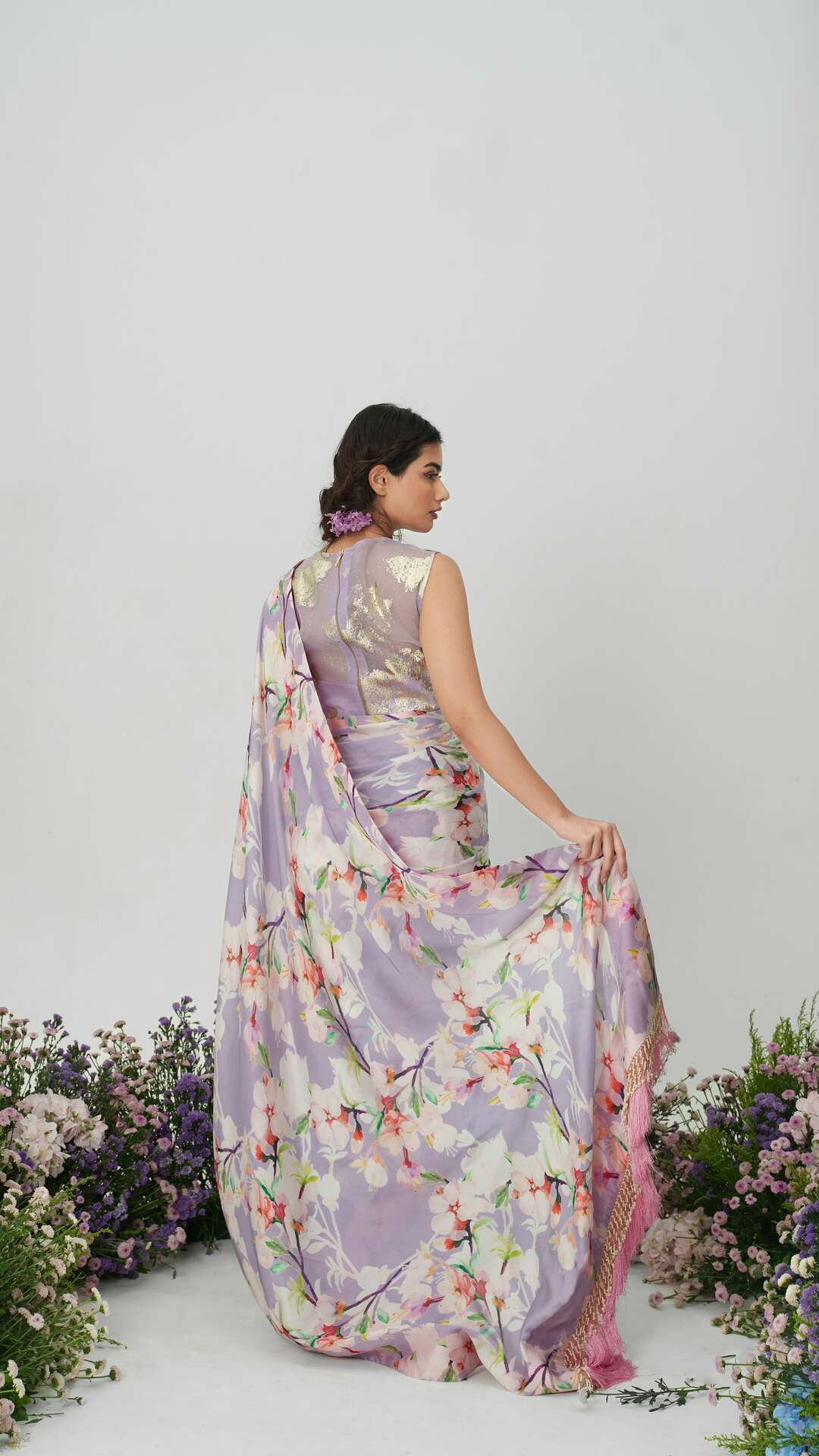 Lilium-Nakshatra Lilac Saree With Baby Pink Spaghetti Blouse