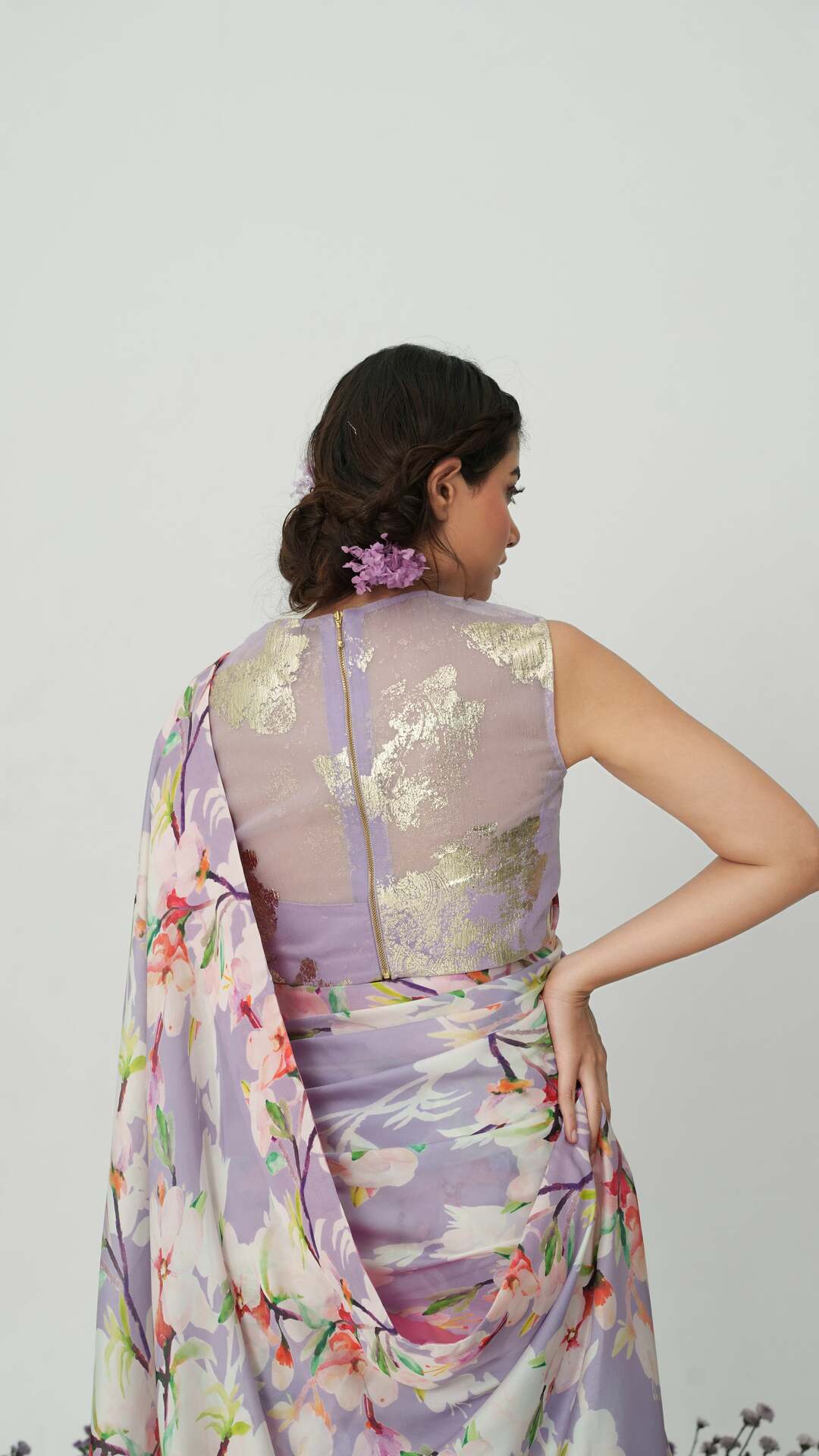 Lilium-Nakshatra Lilac Saree With Baby Pink Spaghetti Blouse