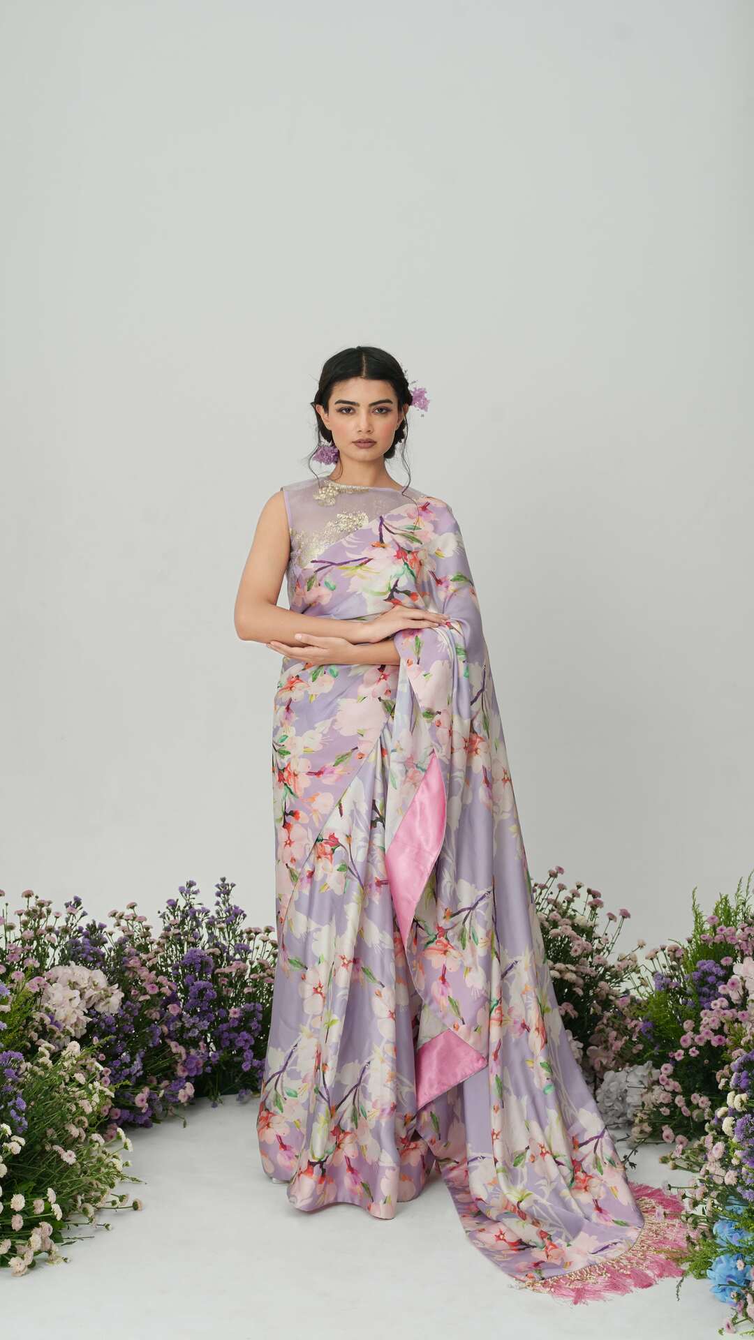 Lilium-Nakshatra Lilac Saree With Baby Pink Spaghetti Blouse