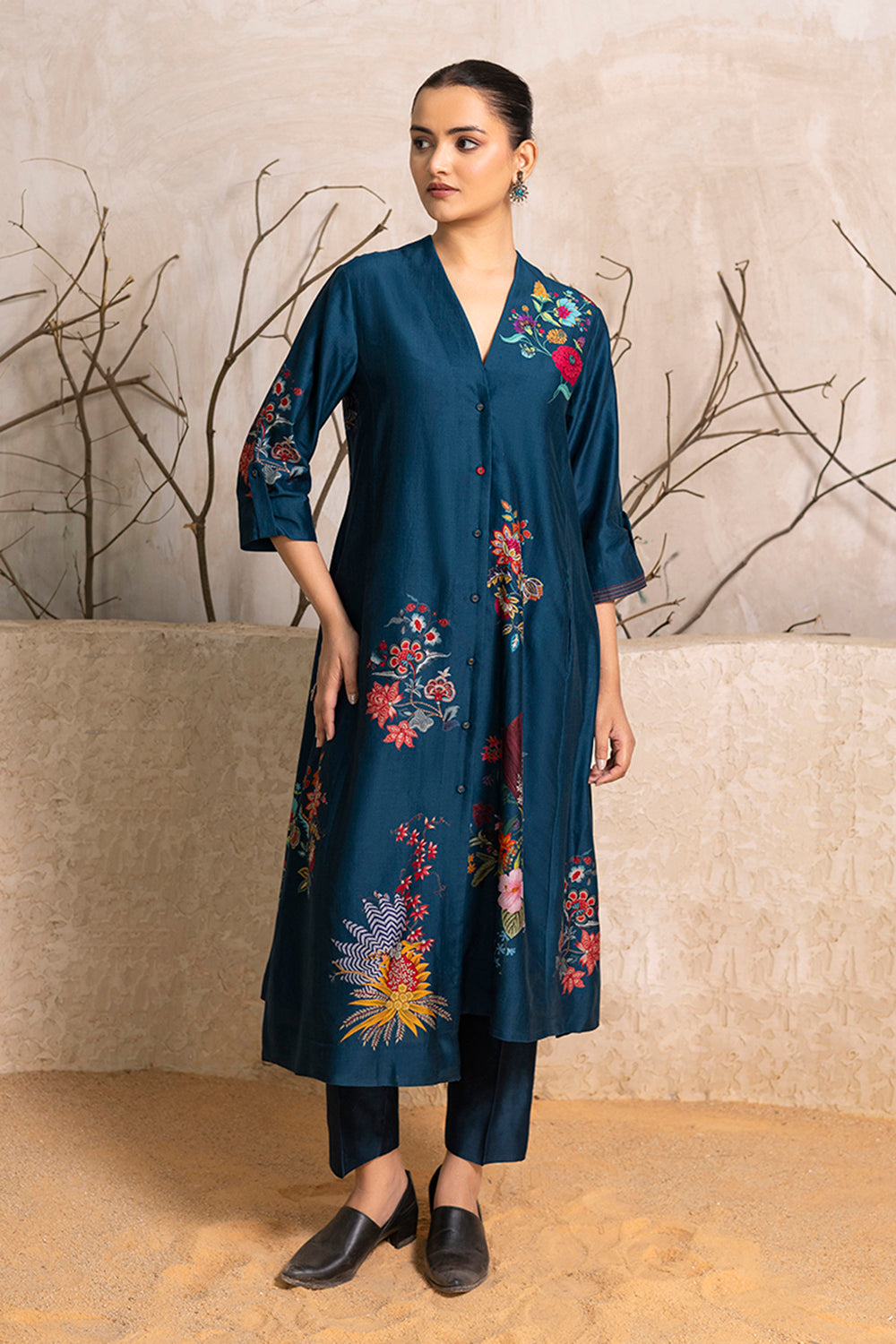 Indigo Silk Chanderi Printed High-Low Dress