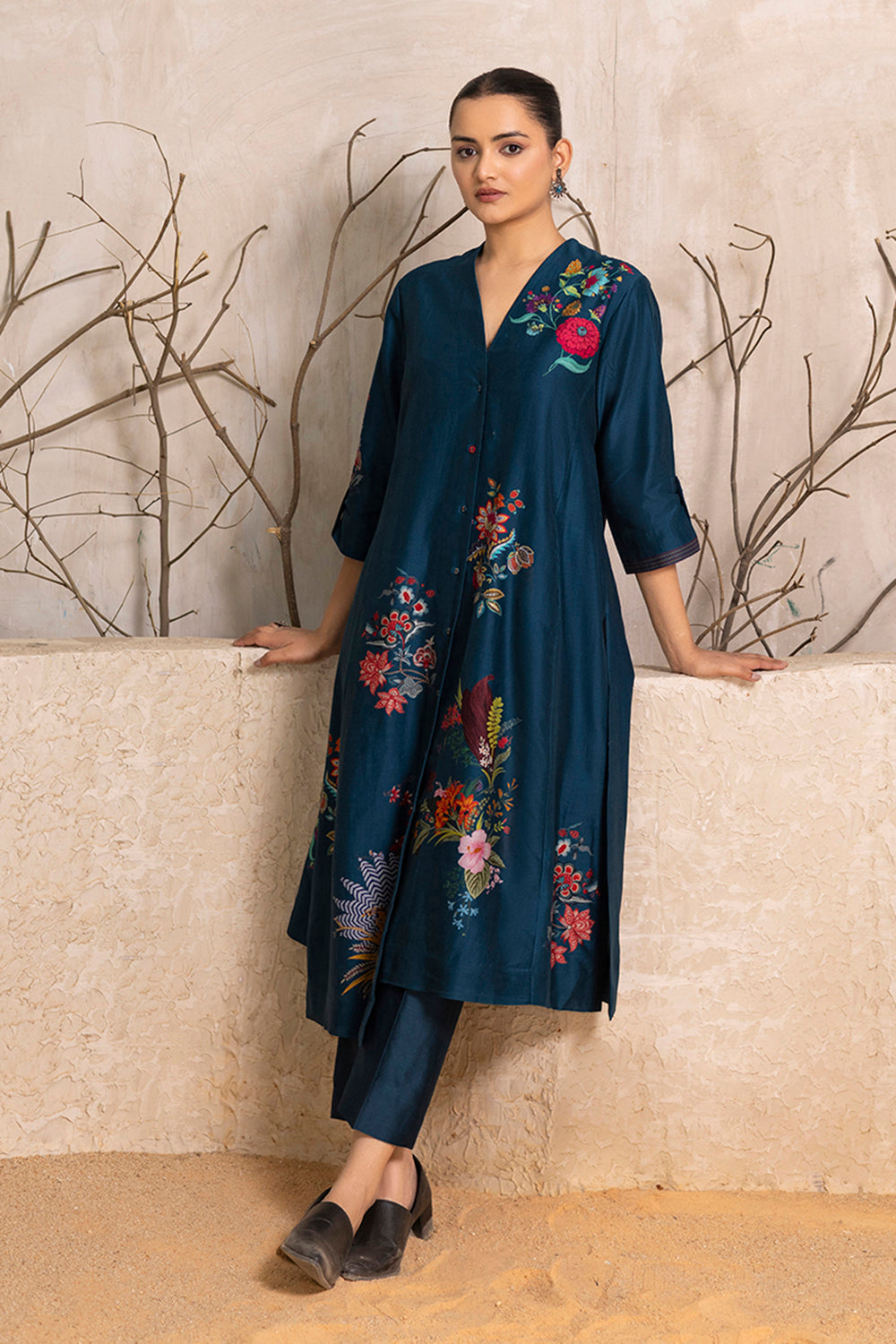 Indigo Silk Chanderi Printed High-Low Dress