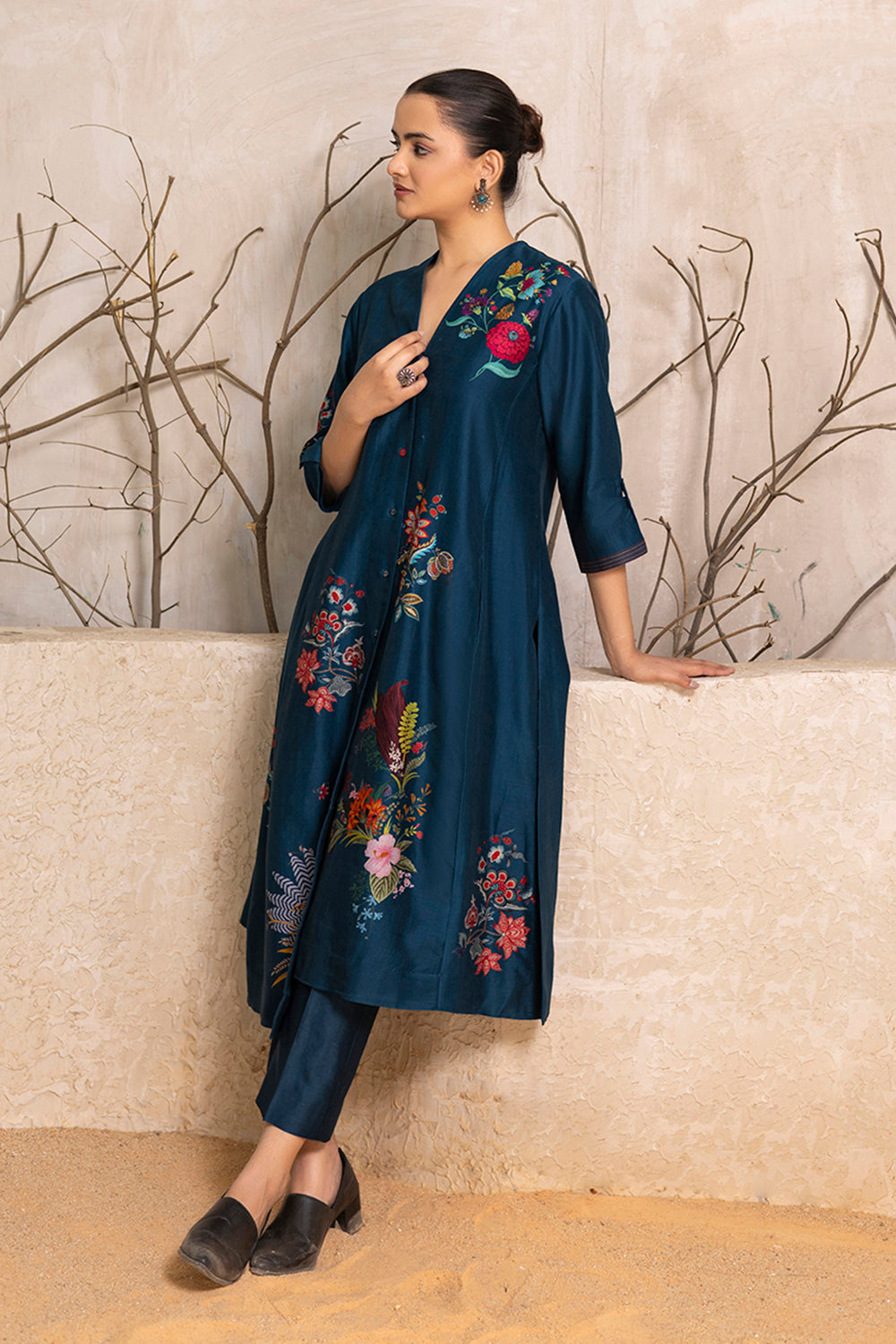 Indigo Silk Chanderi Printed High-Low Dress