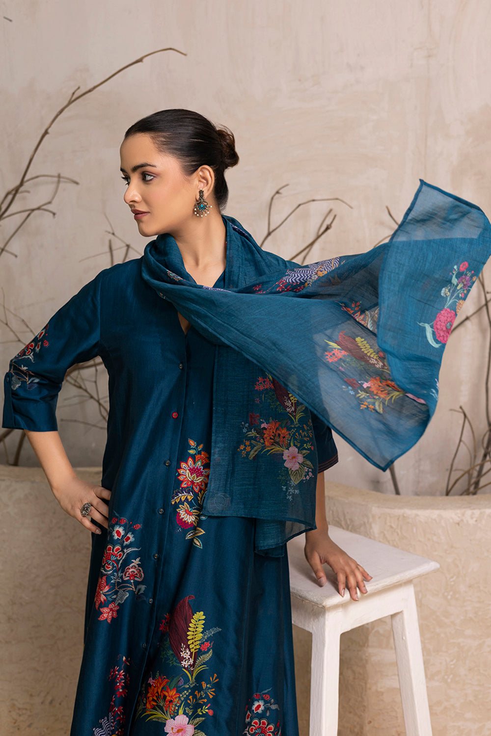 Indigo Silk Chanderi Printed High-Low Dress