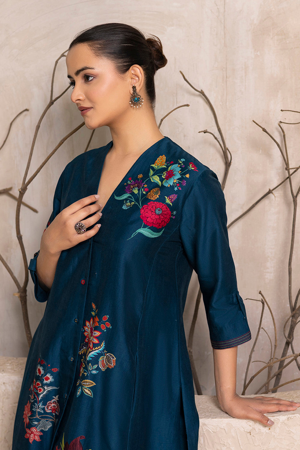 Indigo Silk Chanderi Printed High-Low Dress