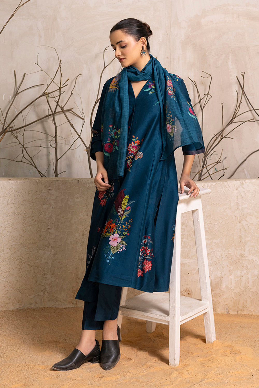 Indigo Silk Chanderi Printed Stole