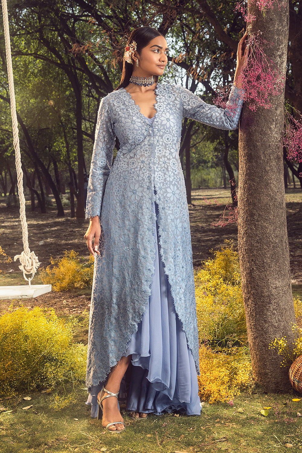 Ink Blue Jacket With Lehenga And Bustier