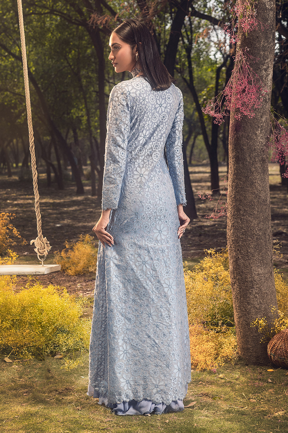 Ink Blue Jacket With Lehenga And Bustier