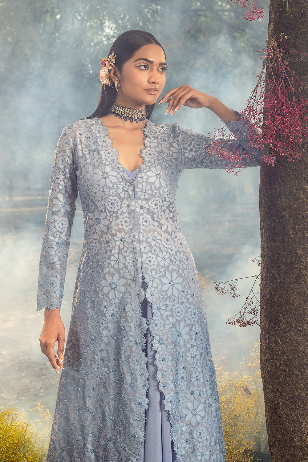 Ink Blue Jacket With Lehenga And Bustier