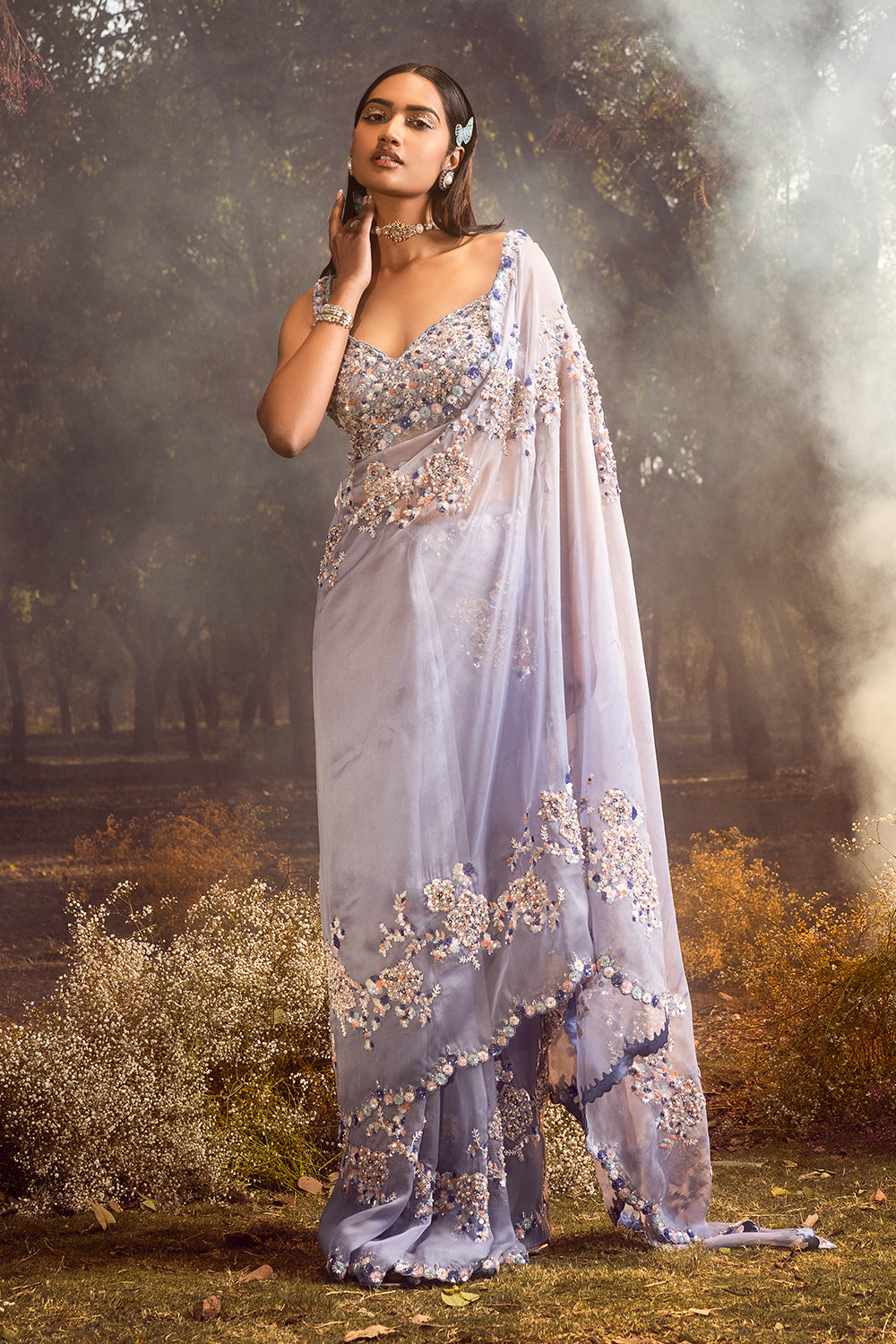 Ink Blue Ombre Organza Saree Set