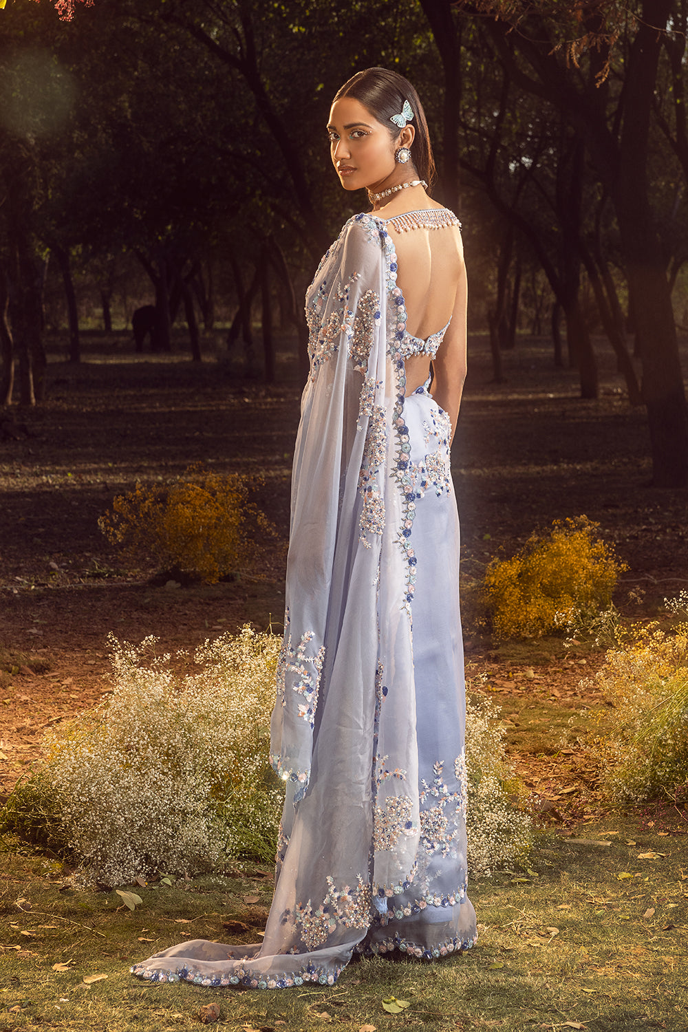 Ink Blue Ombre Organza Saree Set