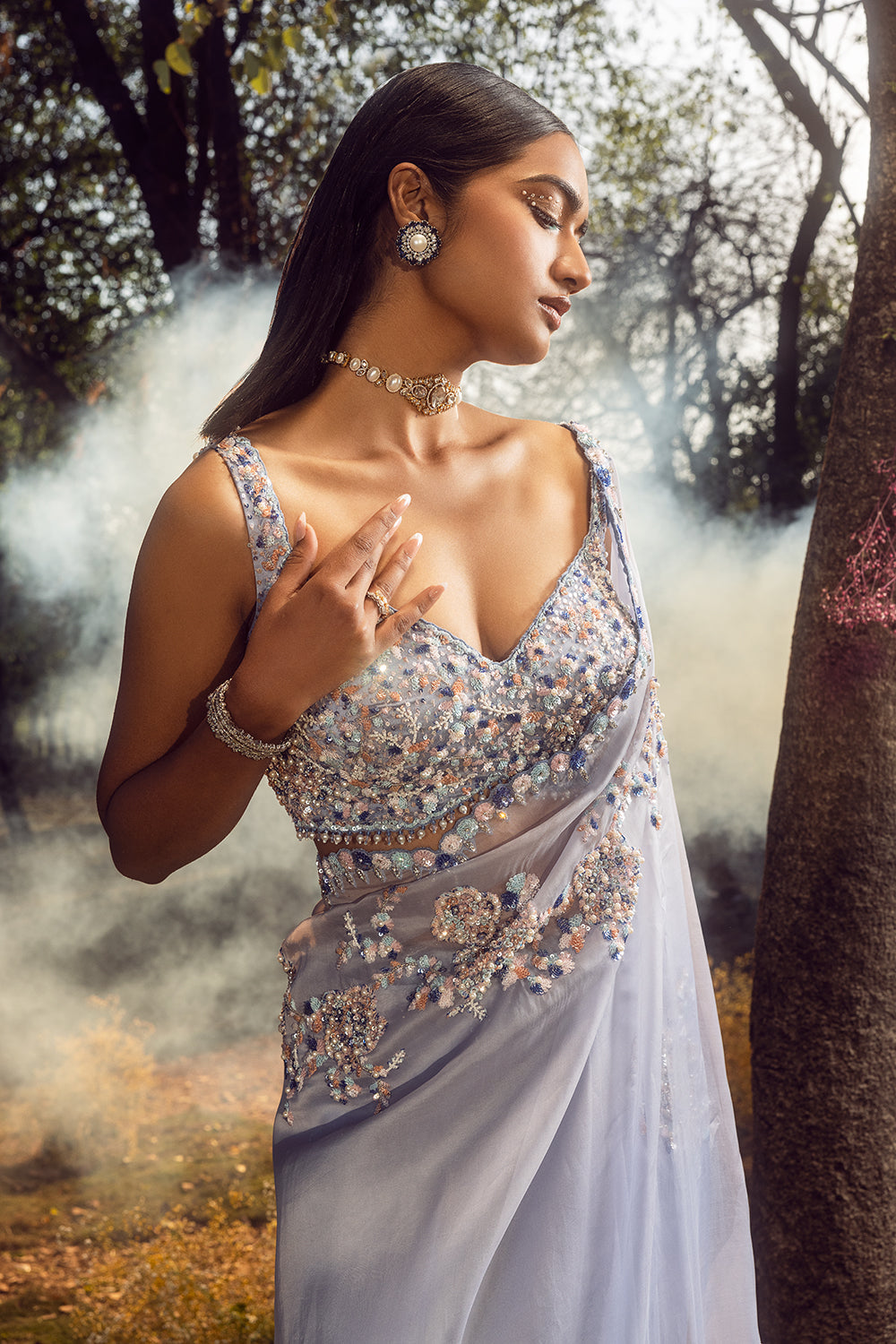 Ink Blue Ombre Organza Saree Set