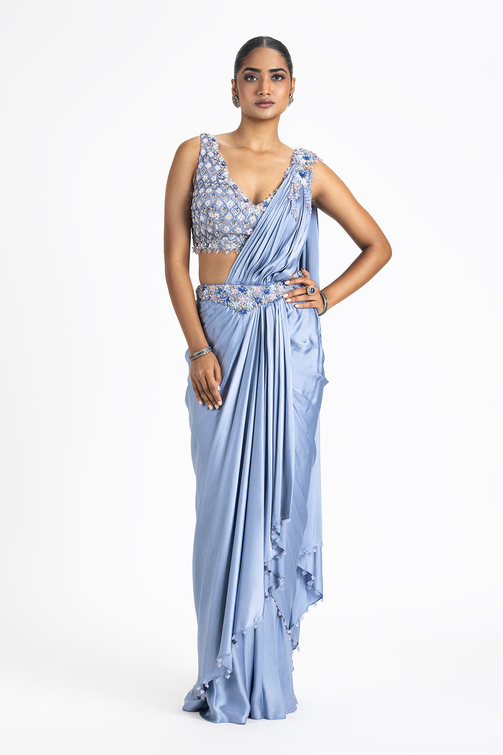 Ink Blue Satin Pre-Draped Saree