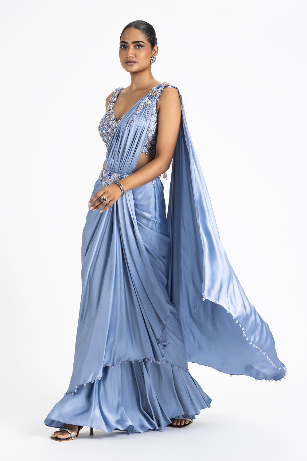 Ink Blue Satin Pre-Draped Saree