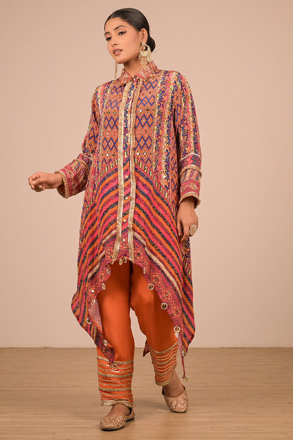 Asymmetrical Orange Kurta Set In Creope with Canvas Tote Bag