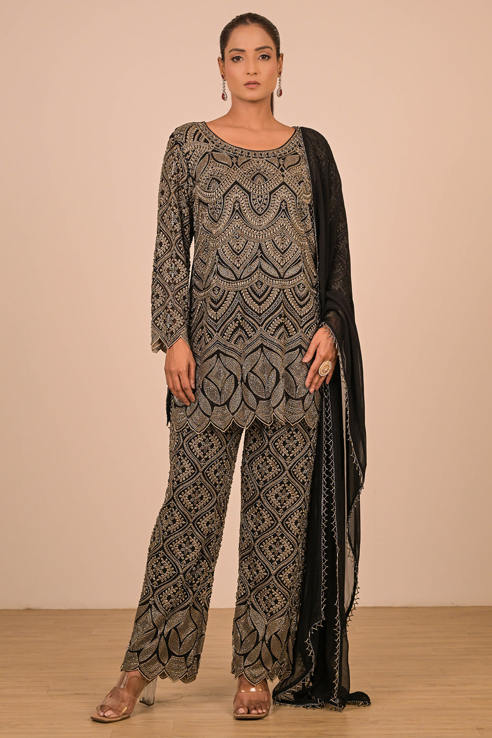 Black Georgette Suit Set with Intricate Moti Embroidery