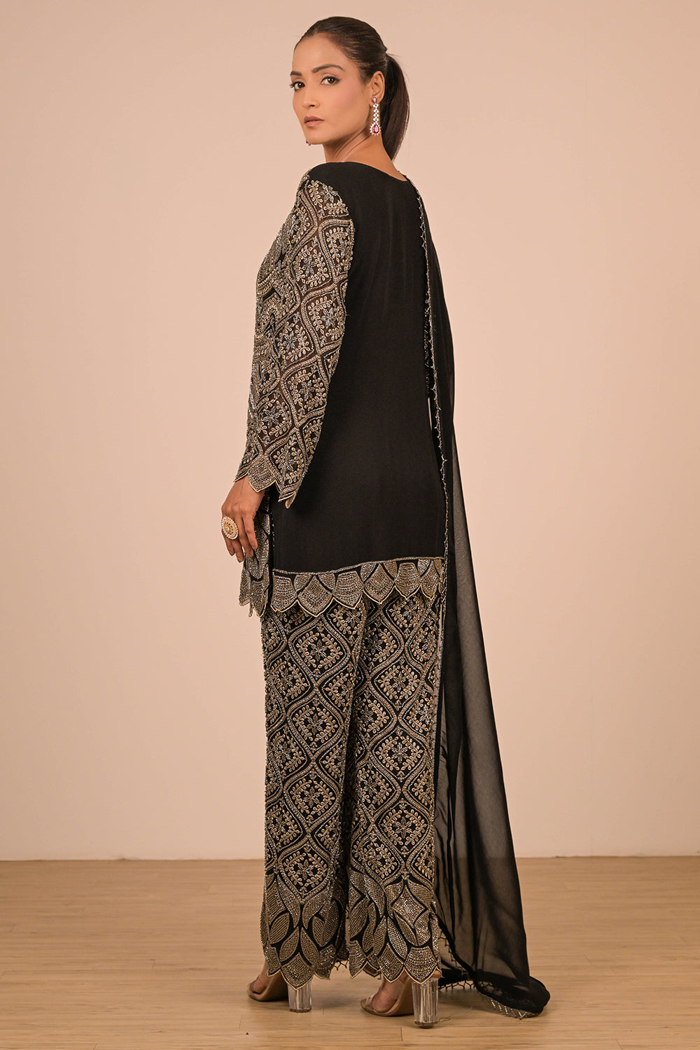 Black Georgette Suit Set with Intricate Moti Embroidery