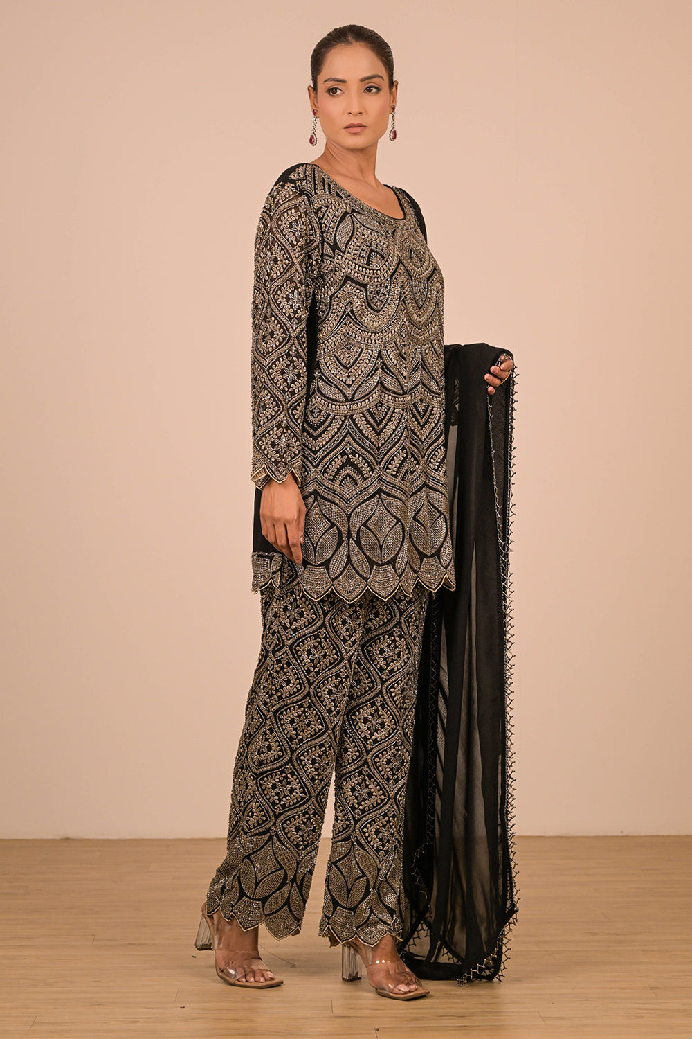 Black Georgette Suit Set with Intricate Moti Embroidery