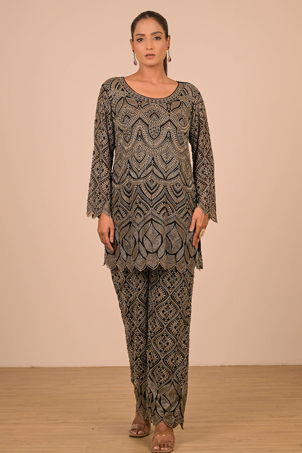 Black Georgette Suit Set with Intricate Moti Embroidery