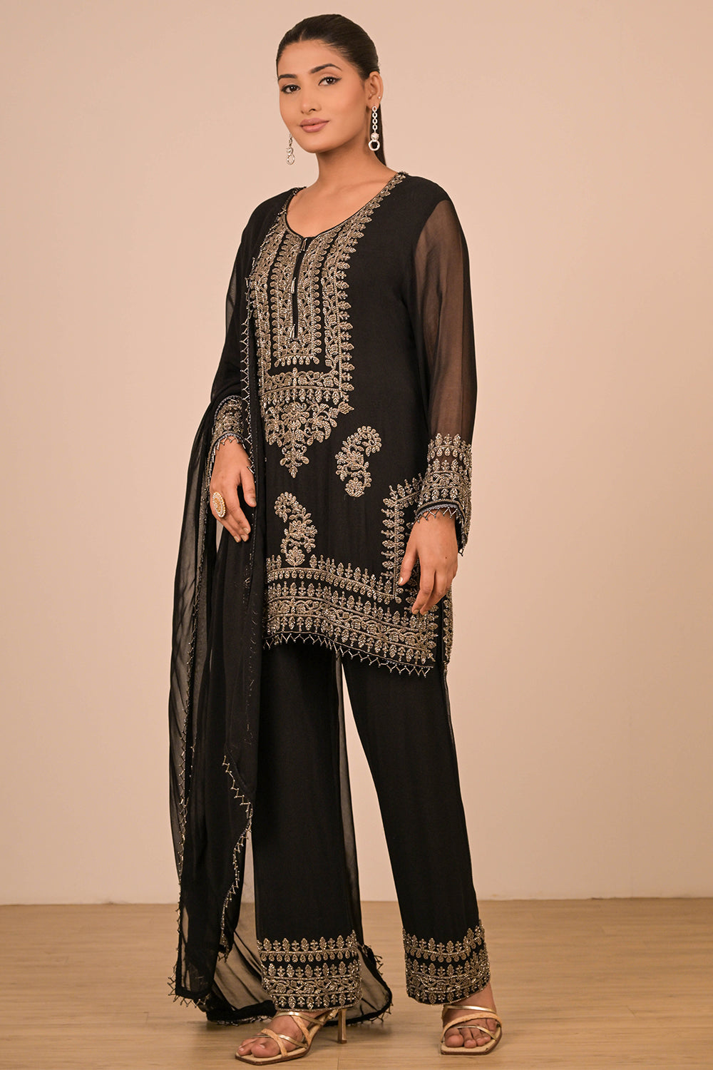 Black Pearl Embroidered Georgette Kurta Set