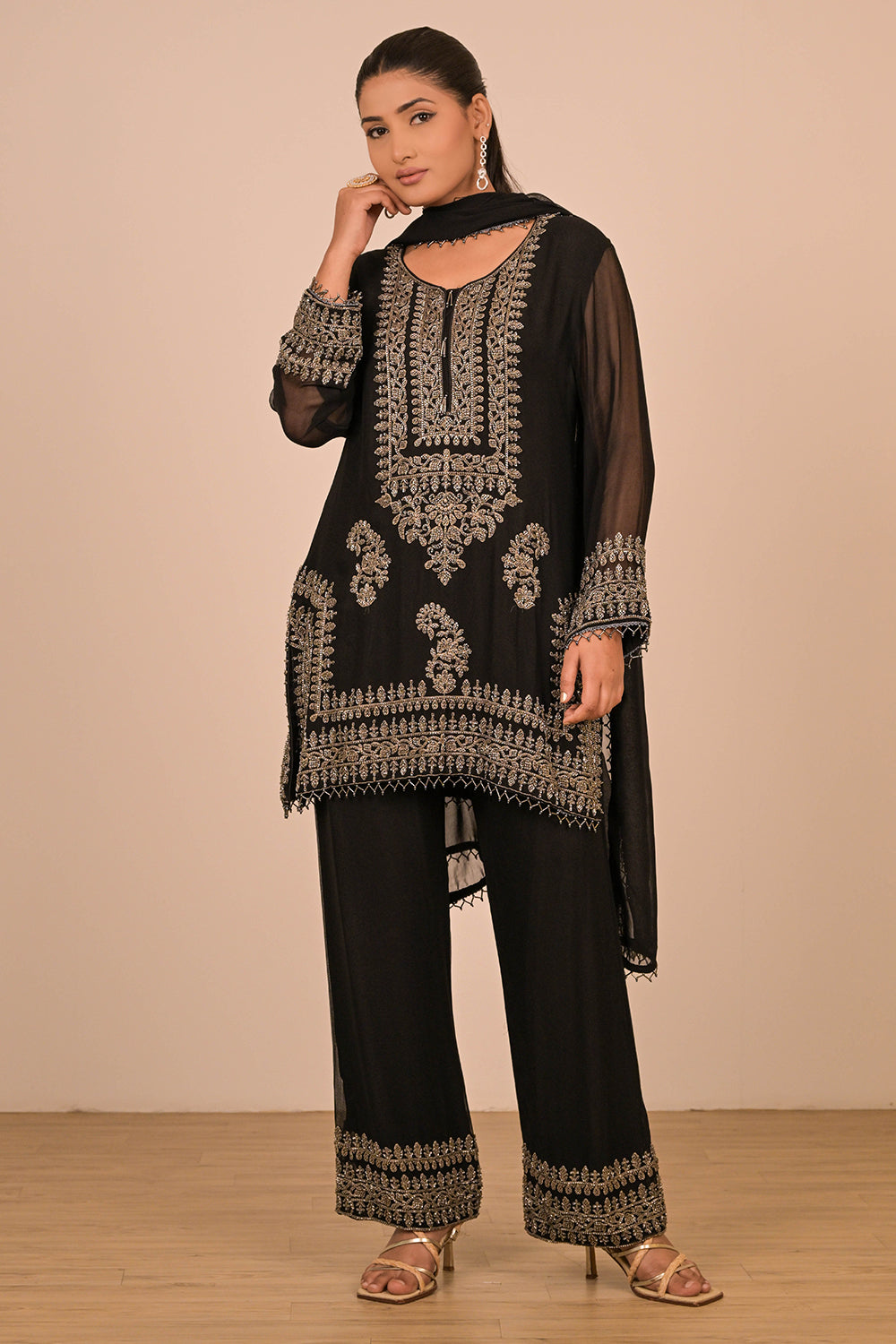 Black Pearl Embroidered Georgette Kurta Set
