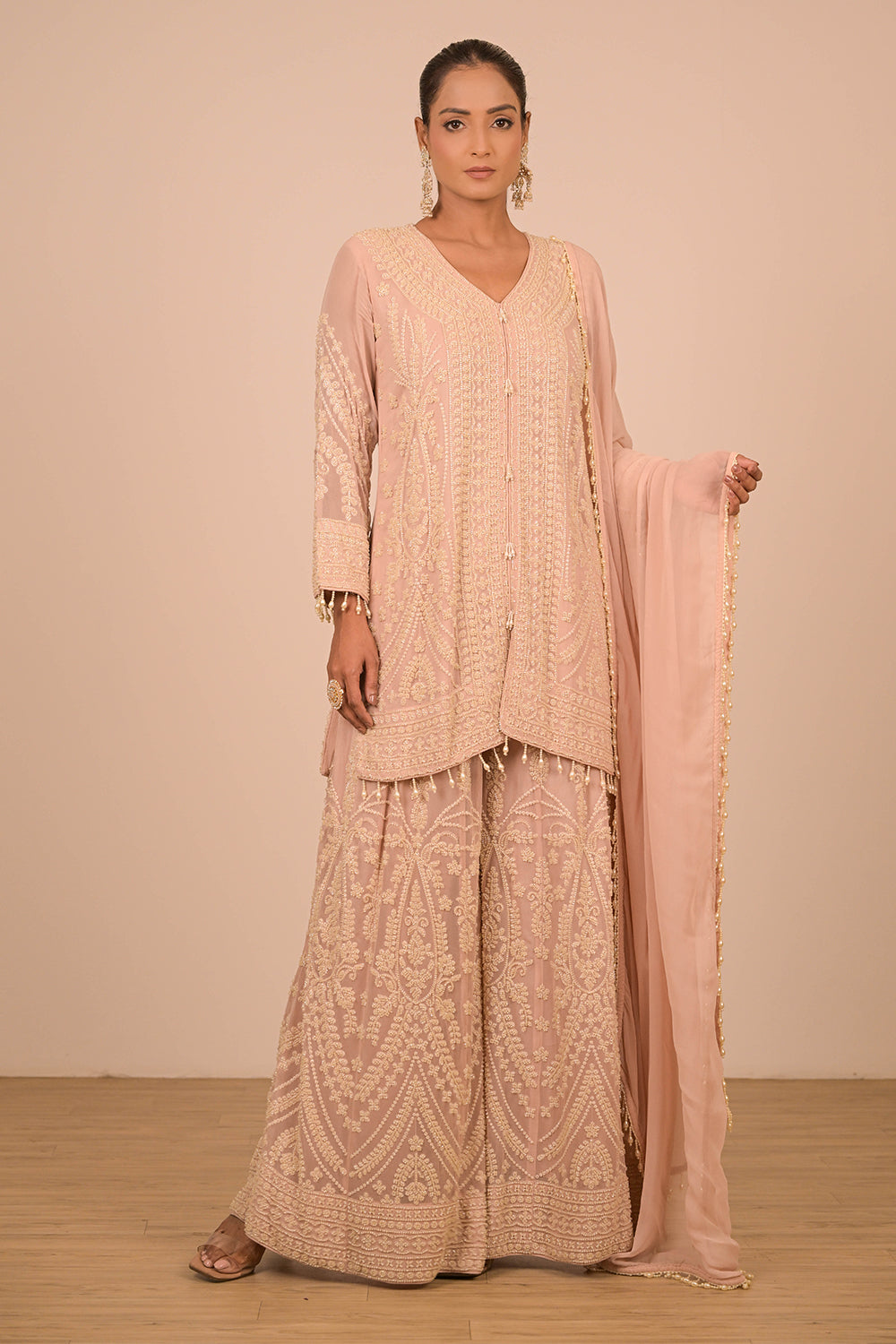 Blush Pink Georgette Sharara Set with Intricate Moti Embroidery