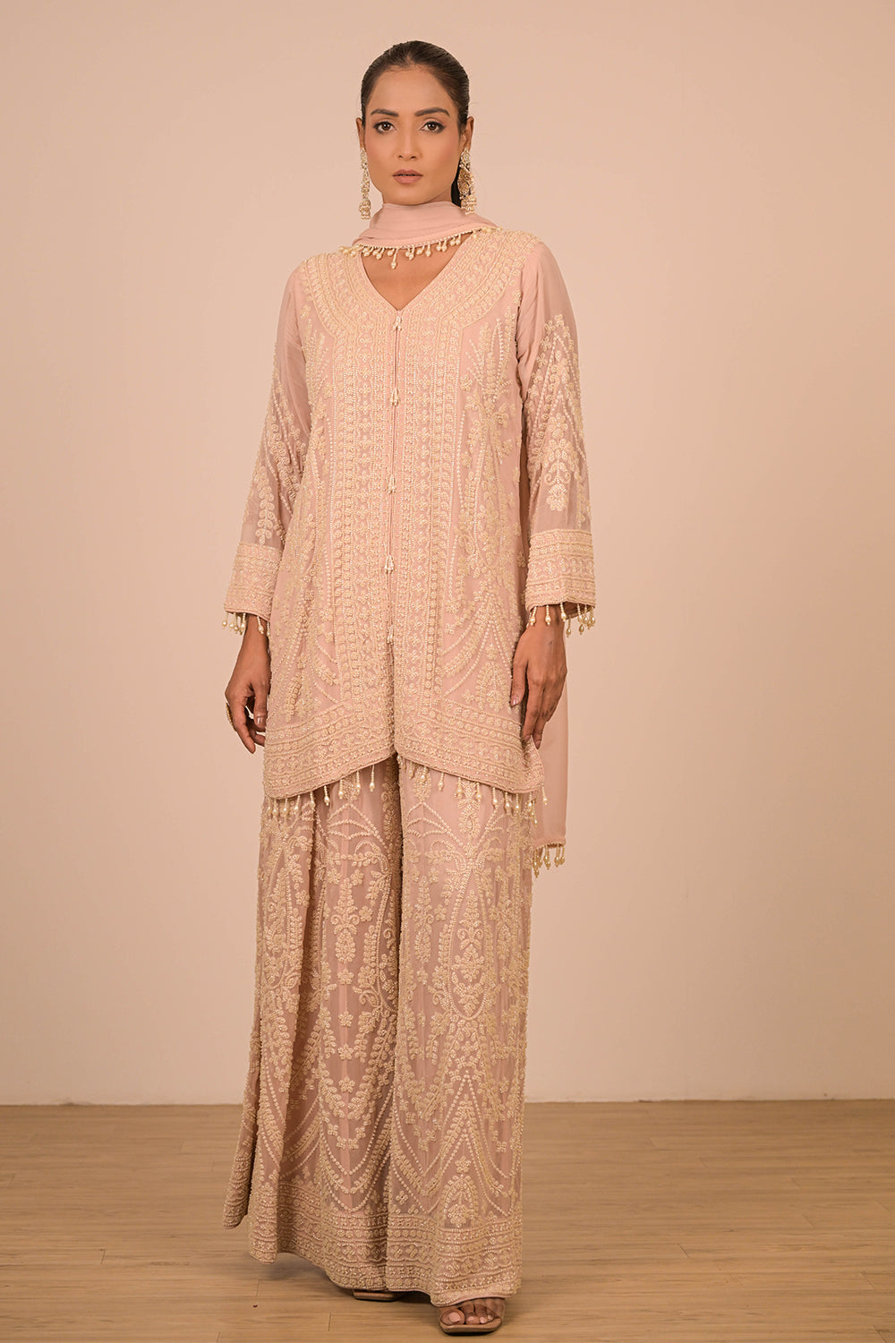 Blush Pink Georgette Sharara Set with Intricate Moti Embroidery