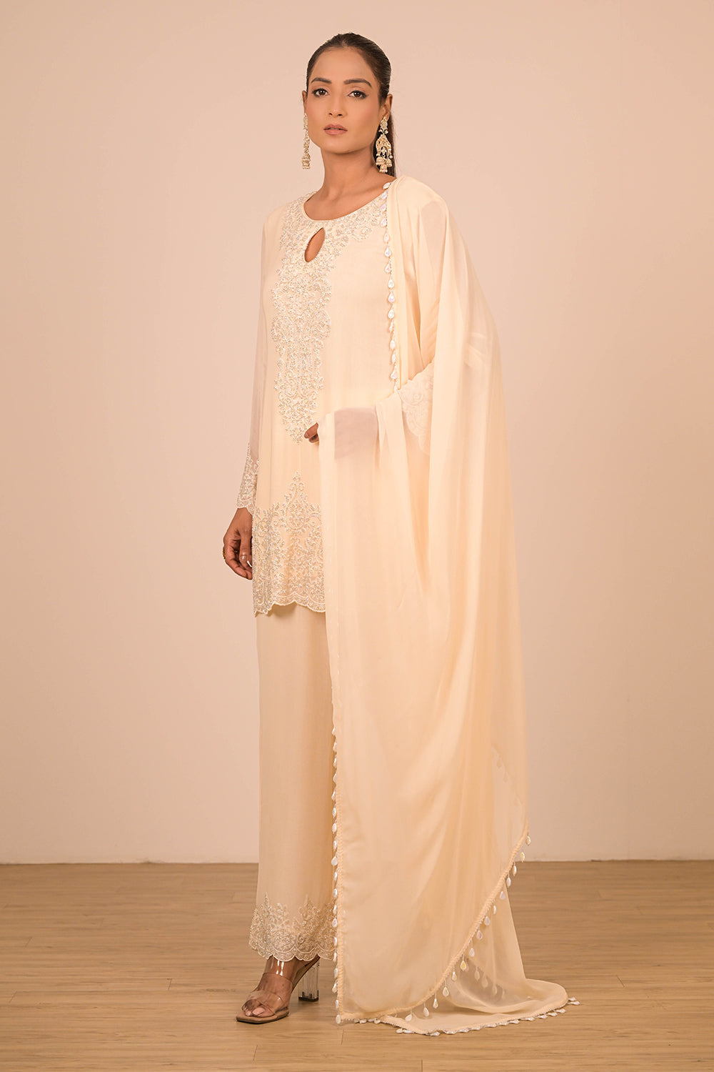 Cream Crepe Short Suit Set with Pearl Moti Embroidery