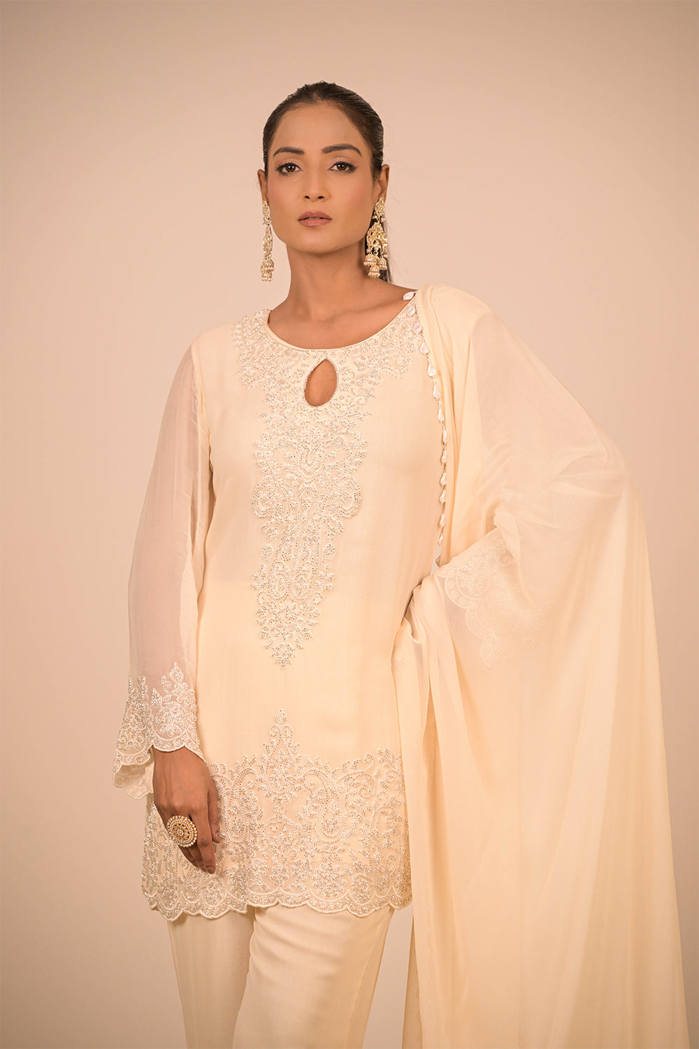 Cream Crepe Short Suit Set with Pearl Moti Embroidery