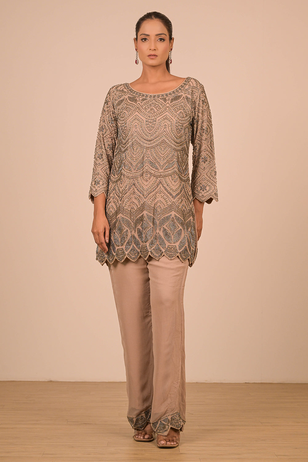 Fawn Short Kurti Suit Set In Georgette with Intricate Moti Embroidery