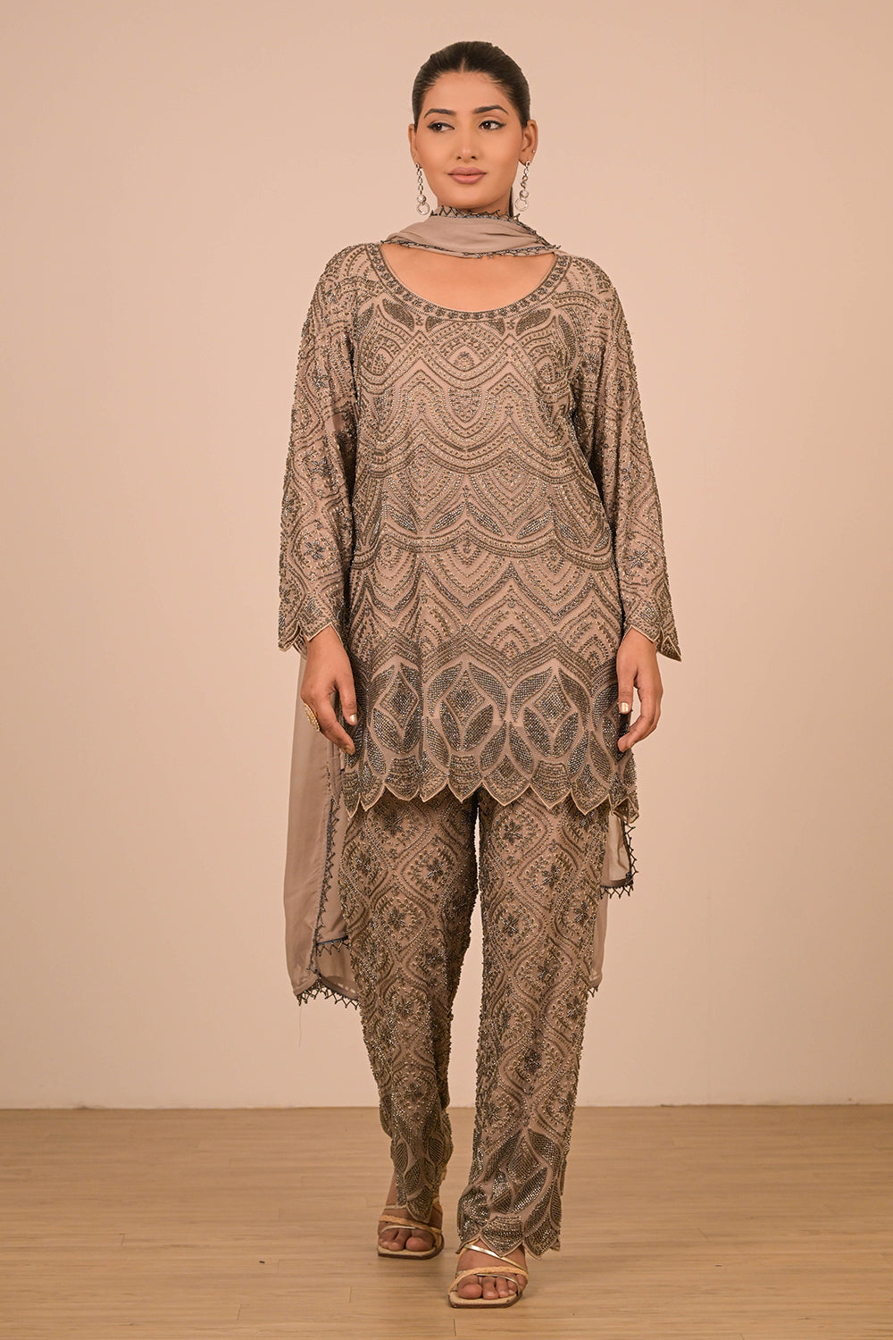 Green Georgette Suit Set with Intricate Moti Embroidery