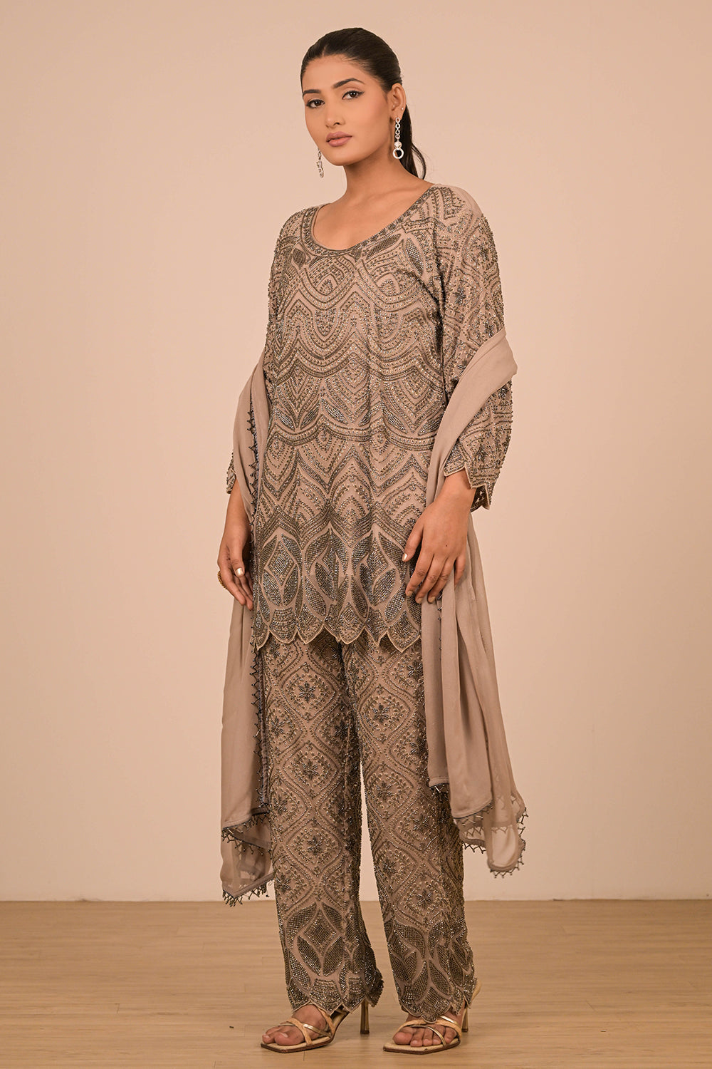 Green Georgette Suit Set with Intricate Moti Embroidery