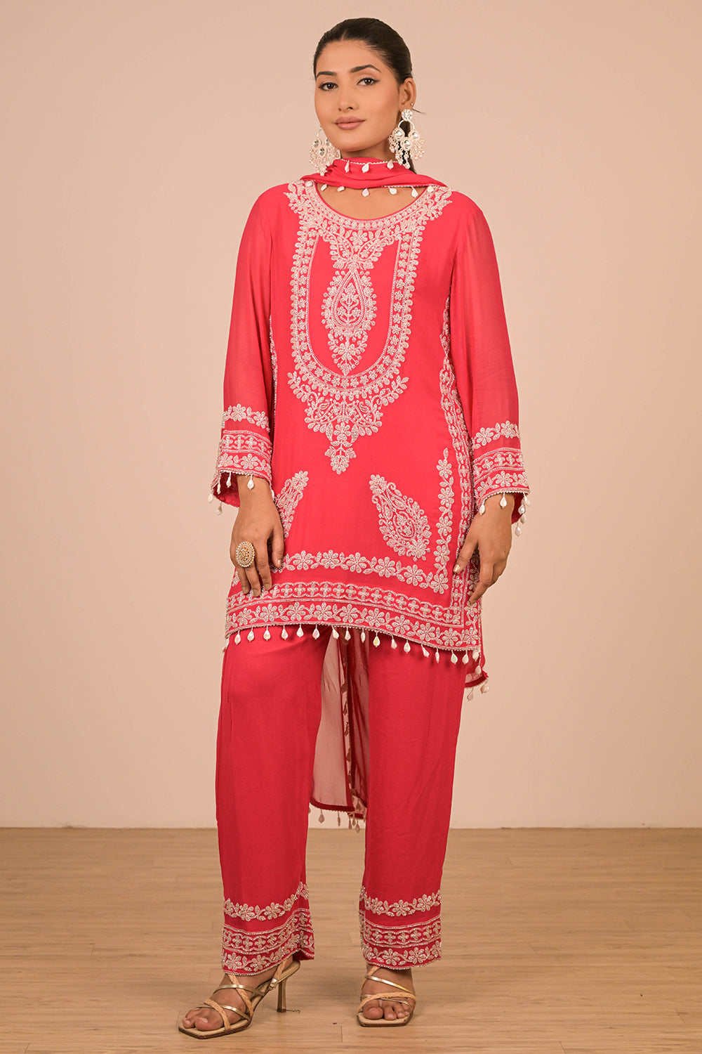 Hot Pink Georgette Suit Set with Intricate Moti Embroidery