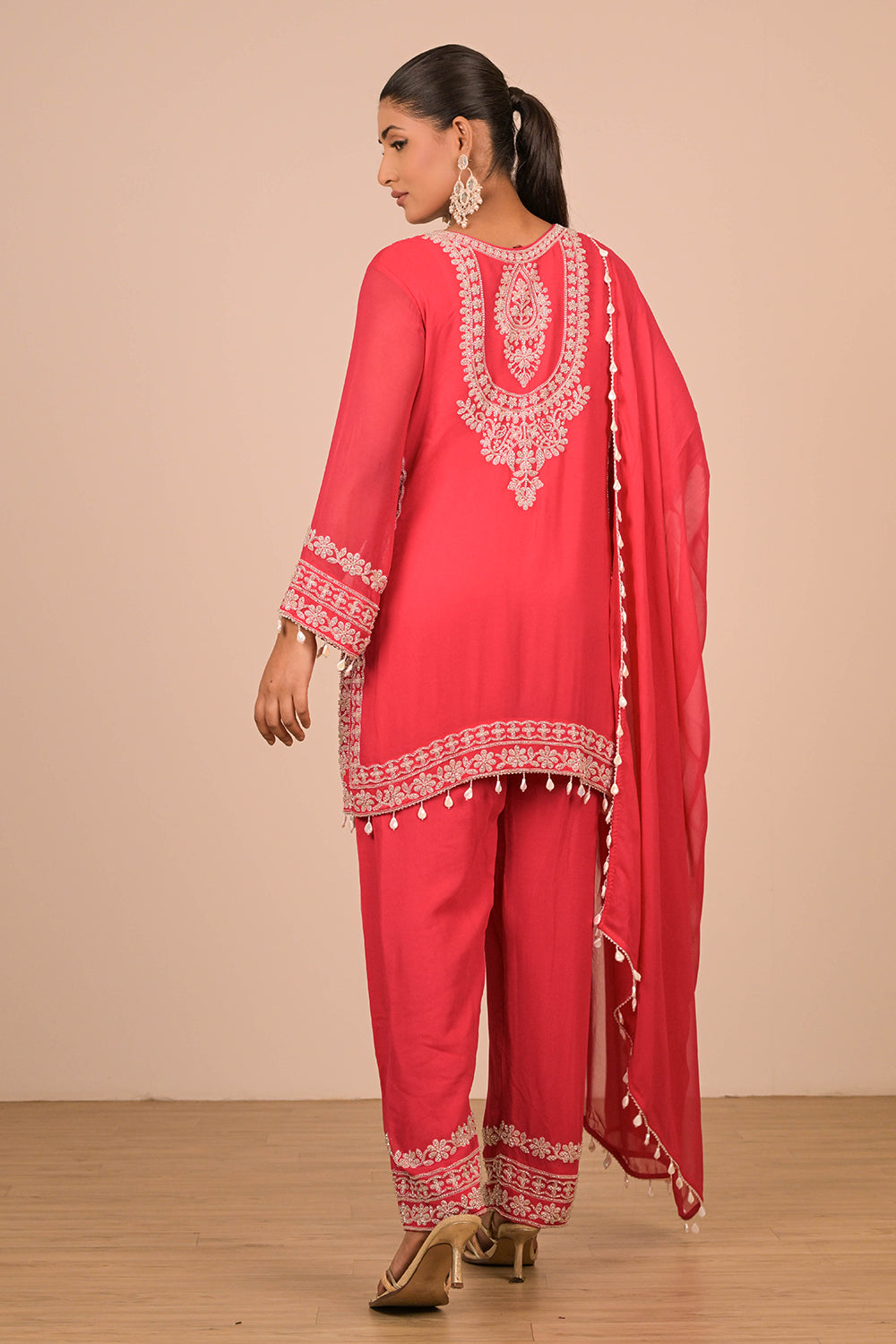 Hot Pink Georgette Suit Set with Intricate Moti Embroidery