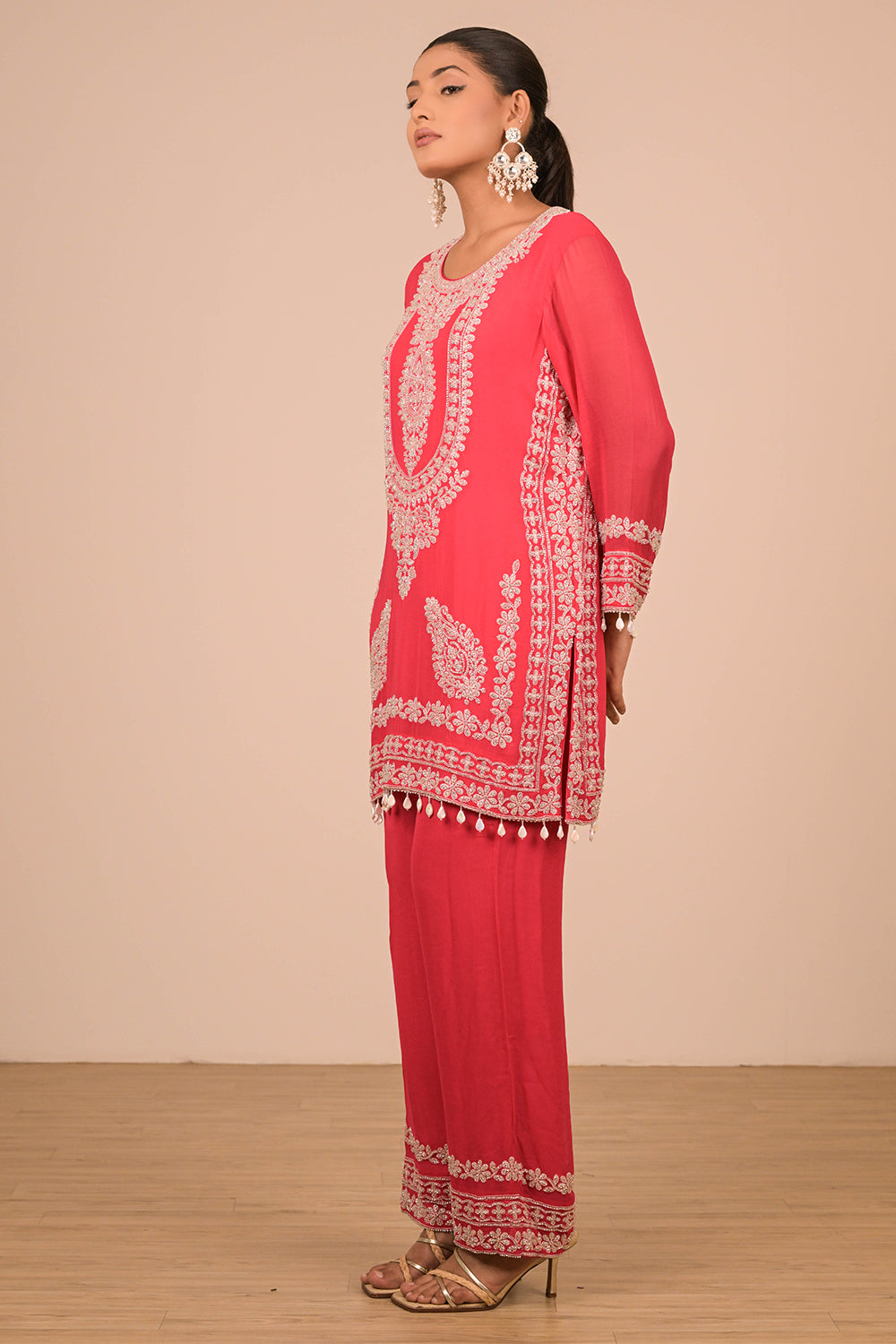 Hot Pink Georgette Suit Set with Intricate Moti Embroidery