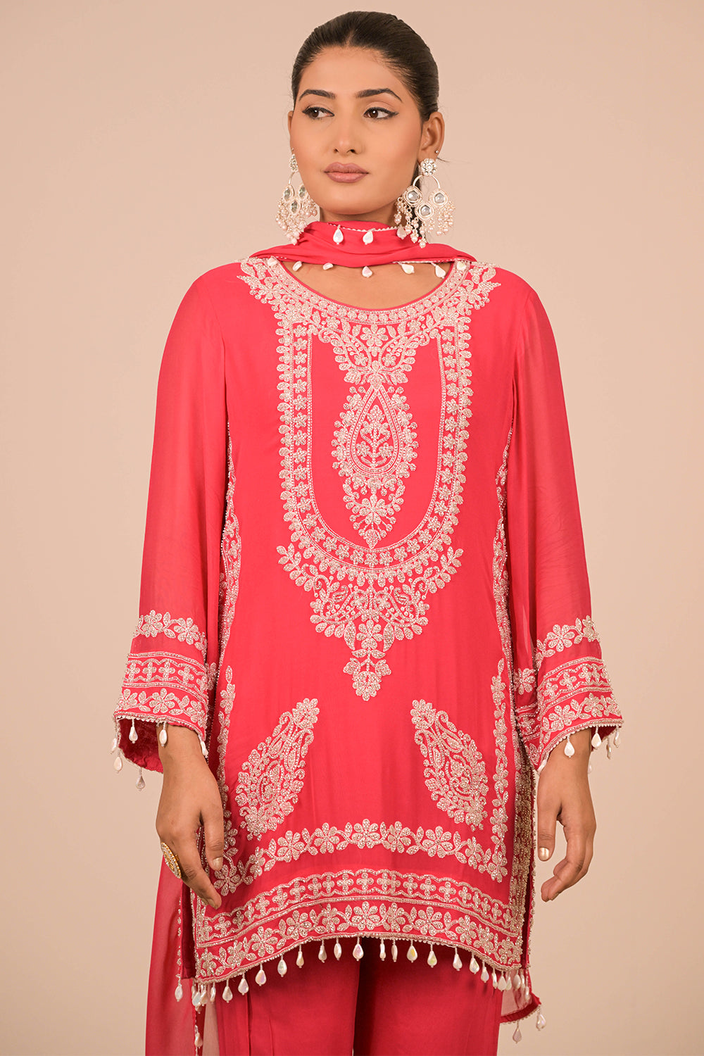 Hot Pink Georgette Suit Set with Intricate Moti Embroidery